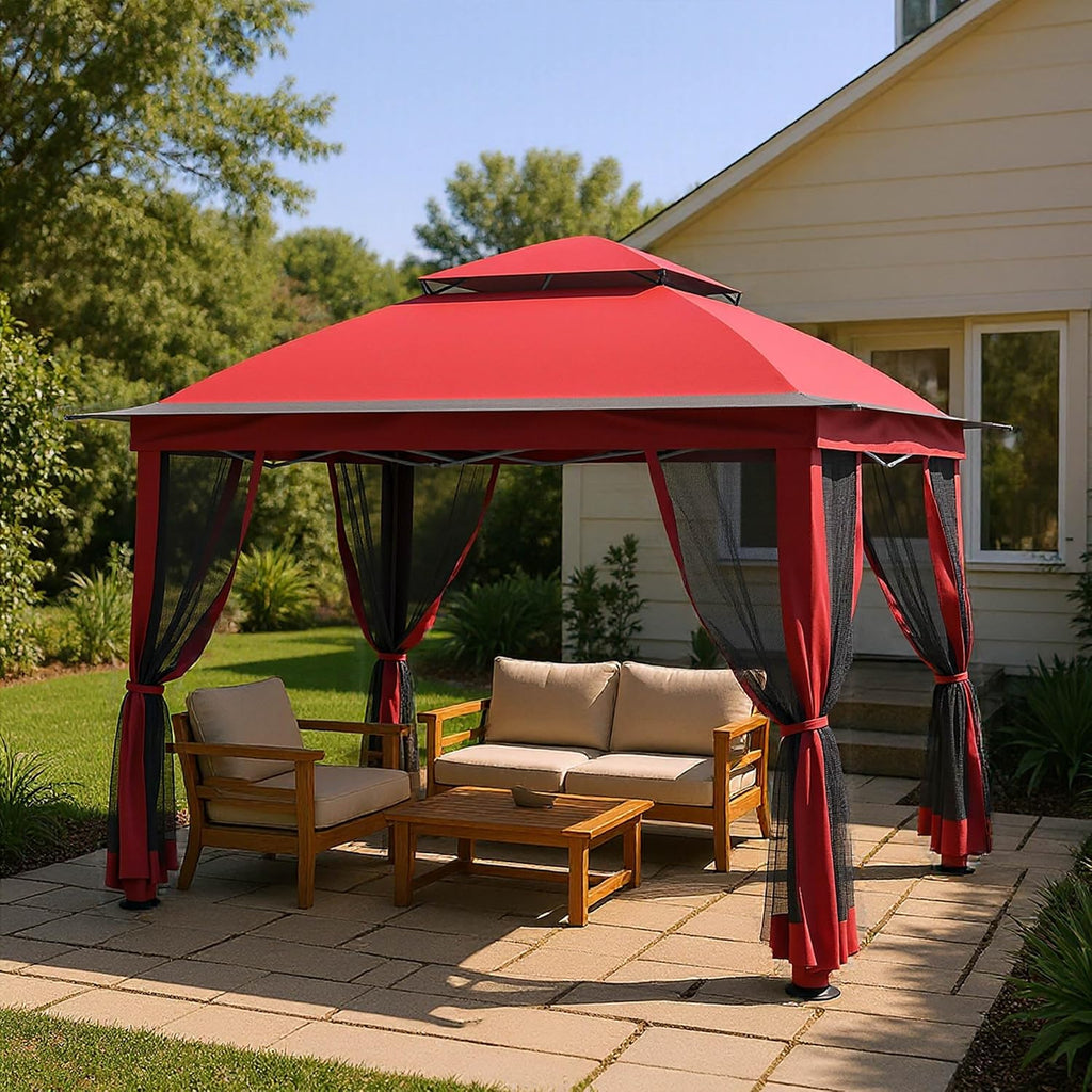 Pop Up Gazebo 11x11, Outdoor Instant Canopy Shelter Tent with Mosquito Netting Metal Frame Storage Bag for Patio Garden Backyard.(Red)