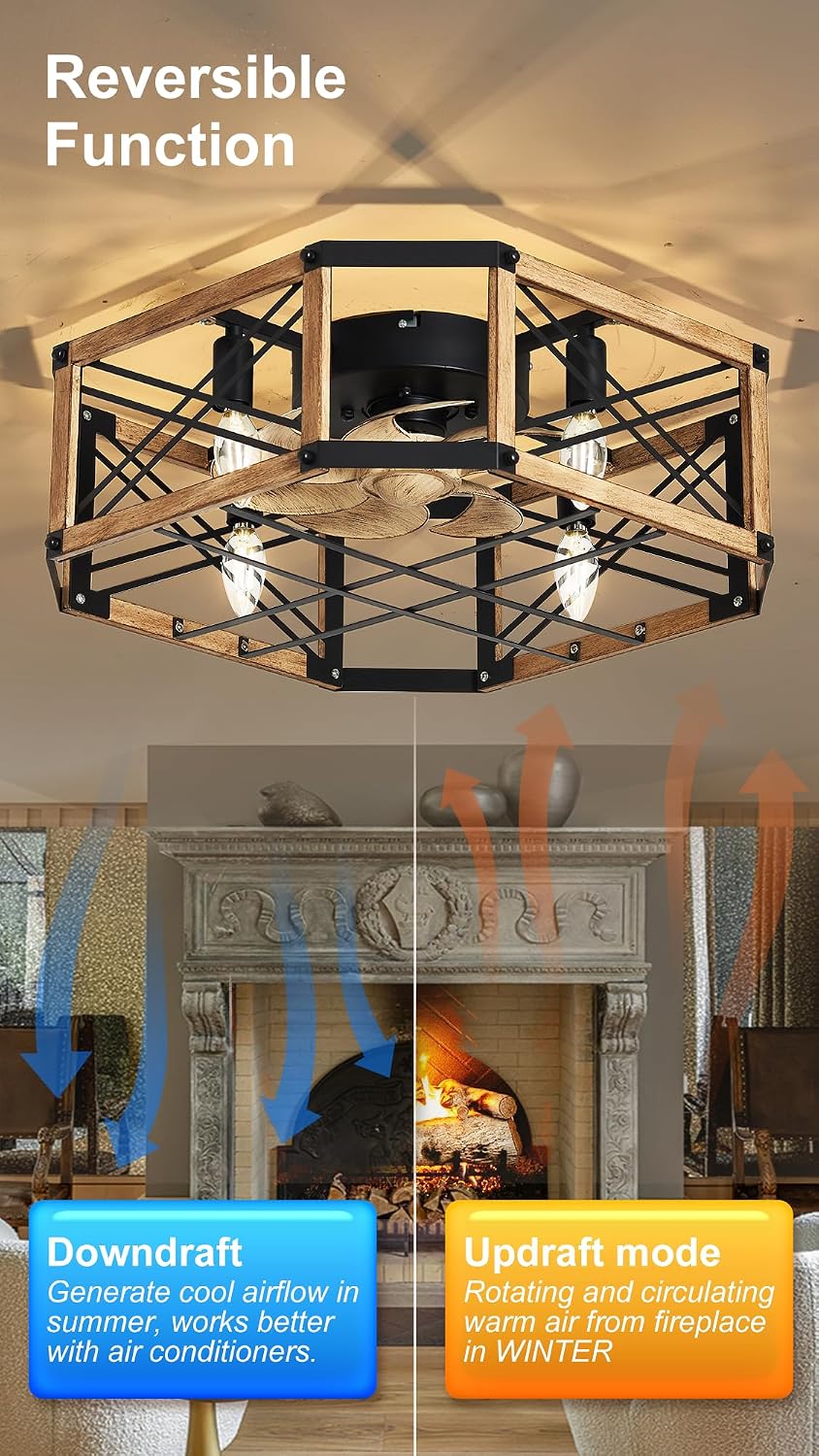 21'' Flush-Mount Ceiling Fan with Dimmable-Light and Memory Remote, Reversible-Motor, Perfect for Bedroom, Living room, Kitchen, Outdoor Gazebo, Patio, Low-Profile Design Farmhouse Cage, White Oak