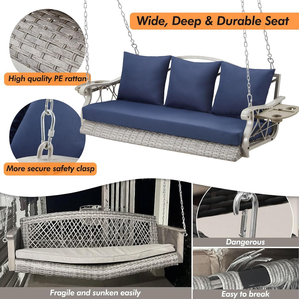 ZZW Heavy Duty 900 LBS Porch Swing Chair 3-Person Outdoor Rattan Patio Swing Lounge w/Cup-Holder & Steel Chains Wicker Hanging Bench Porch Swing Cushions for Deck & Backyard & Garden