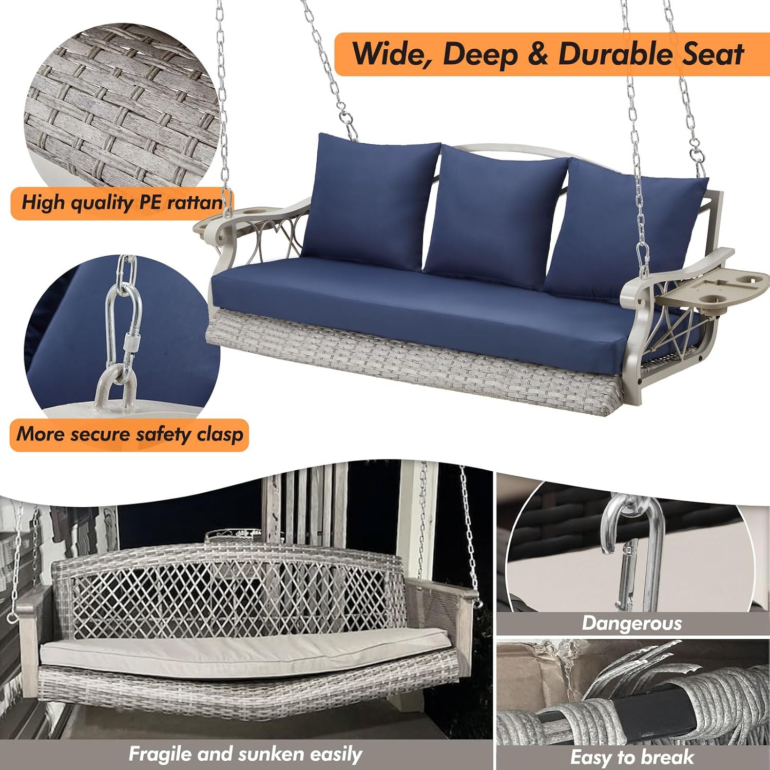 ZZW Heavy Duty 900 LBS Porch Swing Chair 3-Person Outdoor Rattan Patio Swing Lounge w/Cup-Holder & Steel Chains Wicker Hanging Bench Porch Swing Cushions for Deck & Backyard & Garden