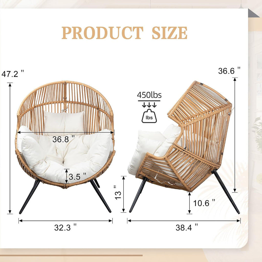 Vongrasig Outdoor Wicker Egg Chair PE Rattan Chair with Cushion, Oversized Patio Lounge Chair for Outdoor, Indoor, Balcony, Backyard, Garden, Beige