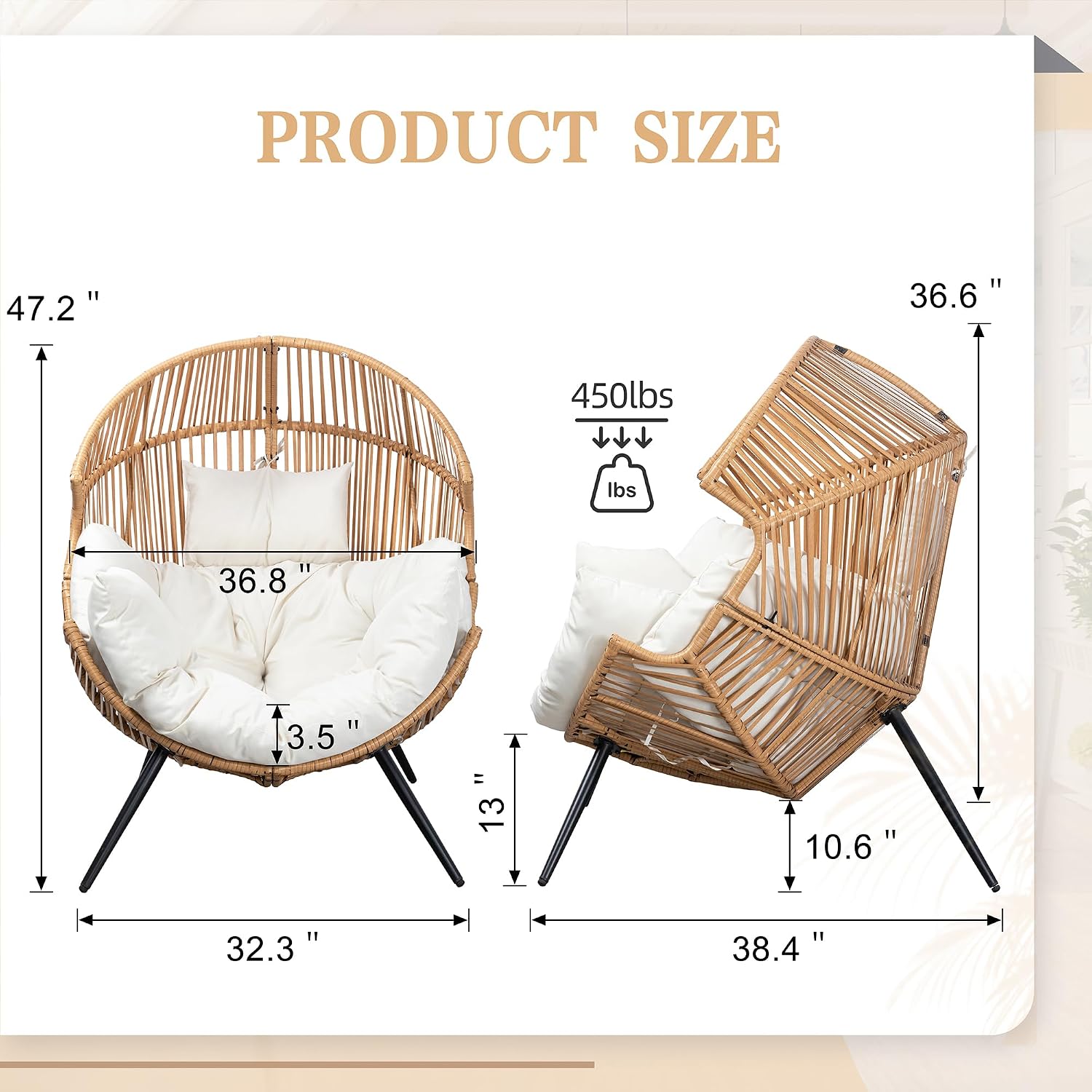 Vongrasig Wicker Egg Chair PE Rattan Chair with Cushion, Oversized Patio Lounge Chair for Outdoor, Indoor, Balcony, Backyard, Garden, Living Room, Beige