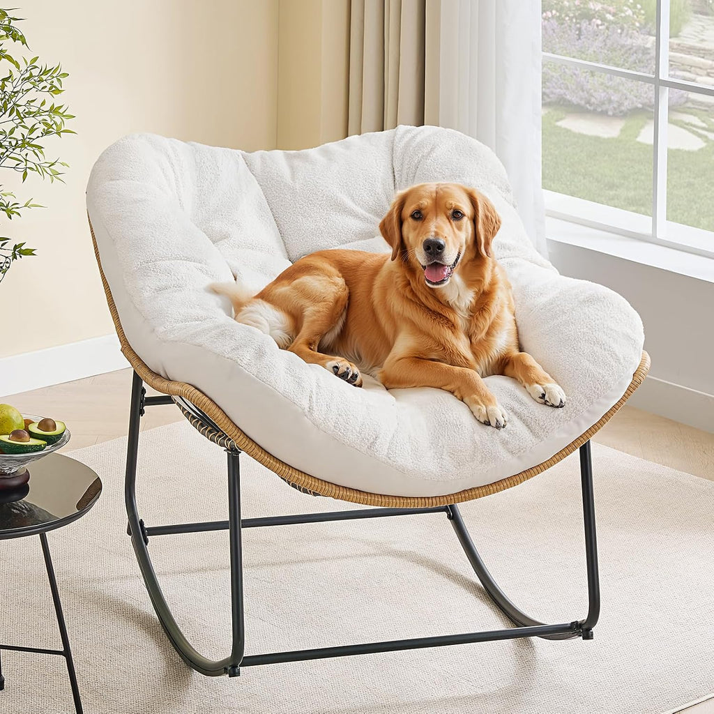 ONBRILL Outdoor Rocking Chairs, Oversized Papasan Rocking Chair Indoors with Padded Cushions, Rattan Wicker Lounge Chair for Living Room, Porch, Patio, Garden, White