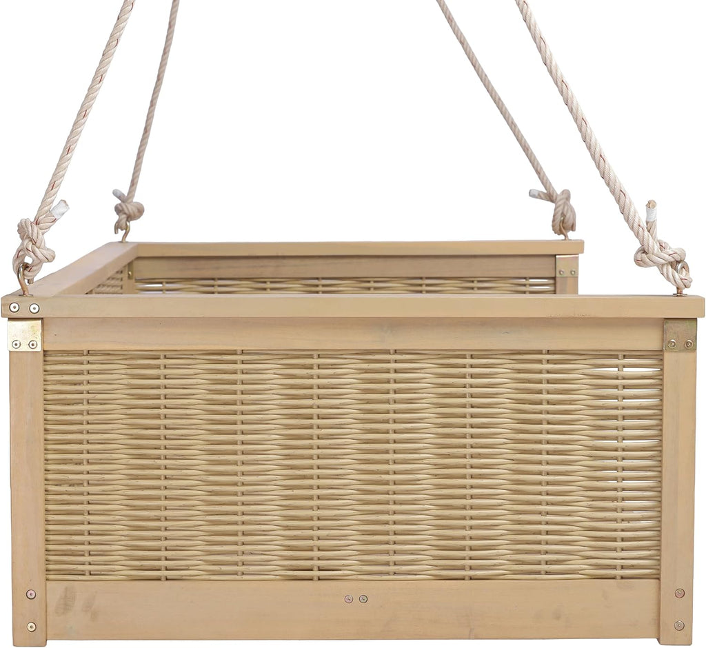 Acacia Wood & Rattan Twin Size Outdoor Swing Bed with Hanging Ropes - 3 Color Options for Backyard or Porch Relaxation (Light Teak/RR)