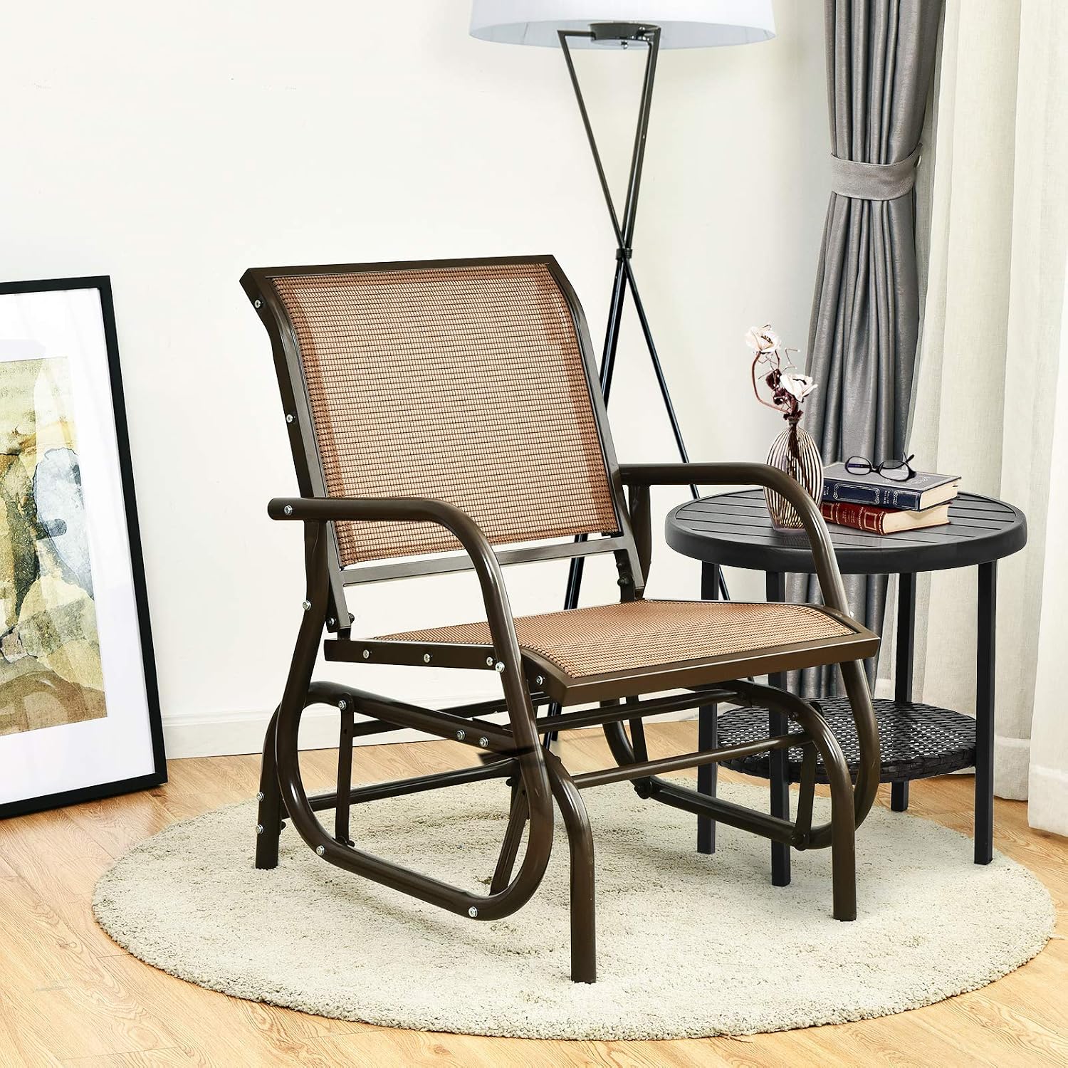 Giantex Swing Glider Chair W/Study Metal Frame Comfortable Patio Chair Love-Seat for Garden, Porch, Backyard, Poolside, Lawn Outdoor Rocking Chair (2, Brown)
