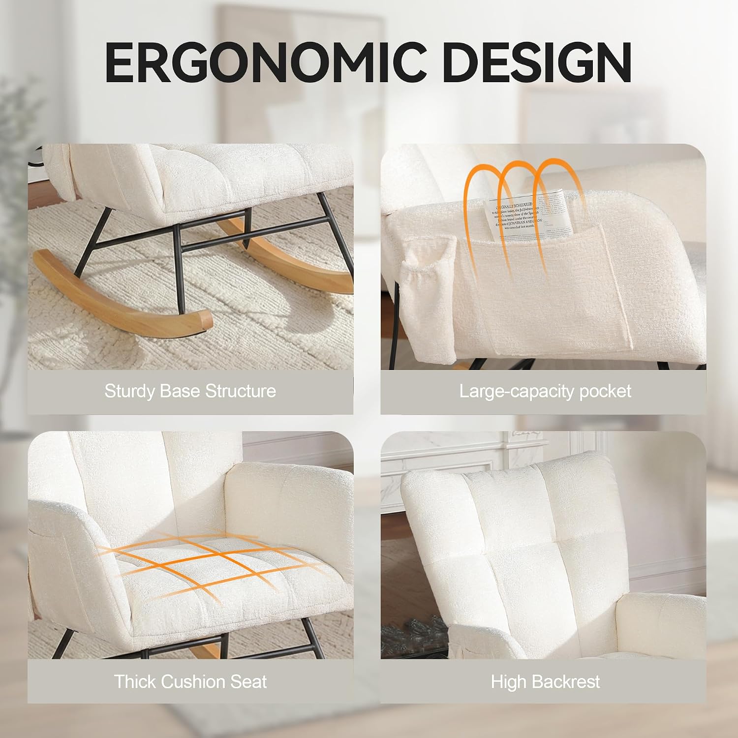 Rocking Chair with Airbag, Comfy Modern Reading & Nursing Nursery Rocking Chair Indoor, Cozy Upholstered Glider Rocker Chairs for Living Room Bedroom Offices, (Chenille, White)