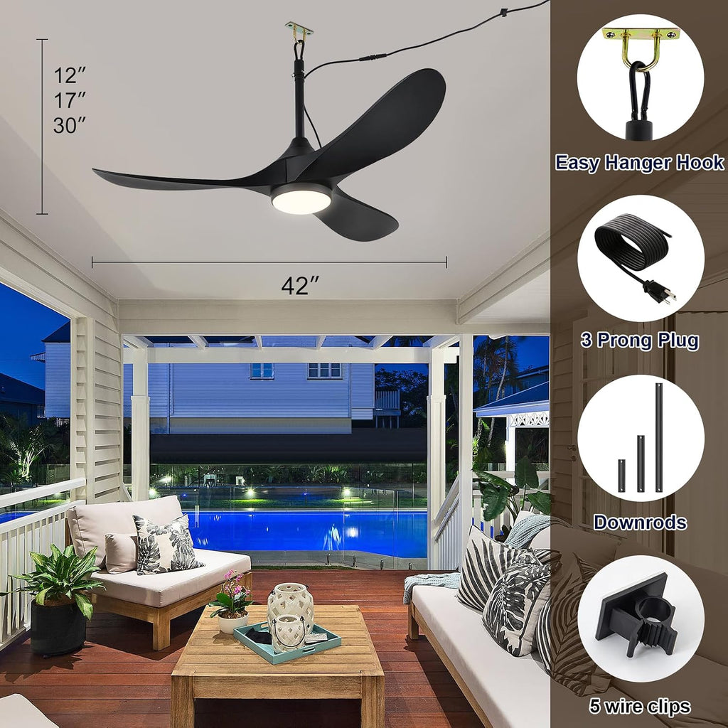 Outdoor Ceiling Fan with Light Waterproof - Plug in Hanging Hook for Patio, Porch, Gazebo - 42 inch Wet Rated Weatherproof Exterior Black 3 Blades Ceiling Fan with Remote