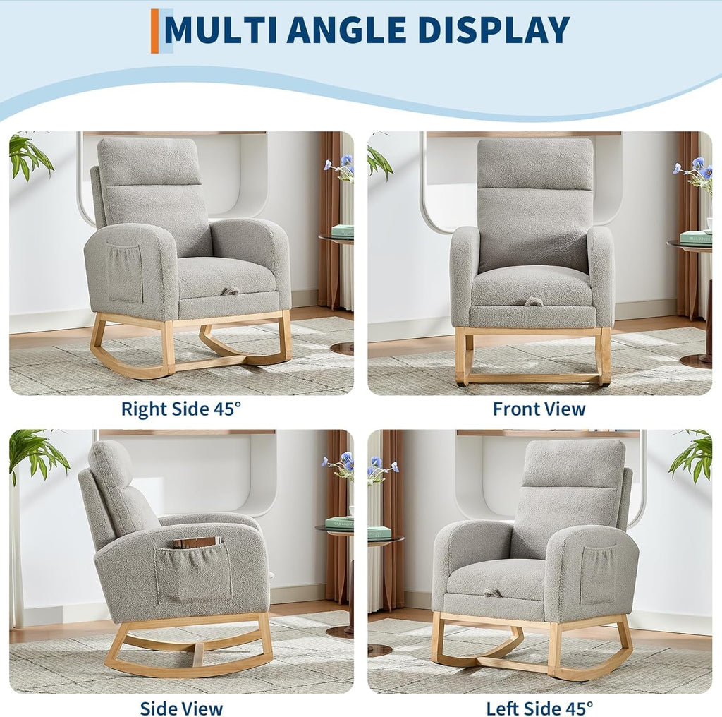 Rocking Chair Nursery Chairs with Foot Rest, Recliner Armchair with High Backrest& Wood Legs and Side Pocket for Living Room,Bedroom,Light Gray