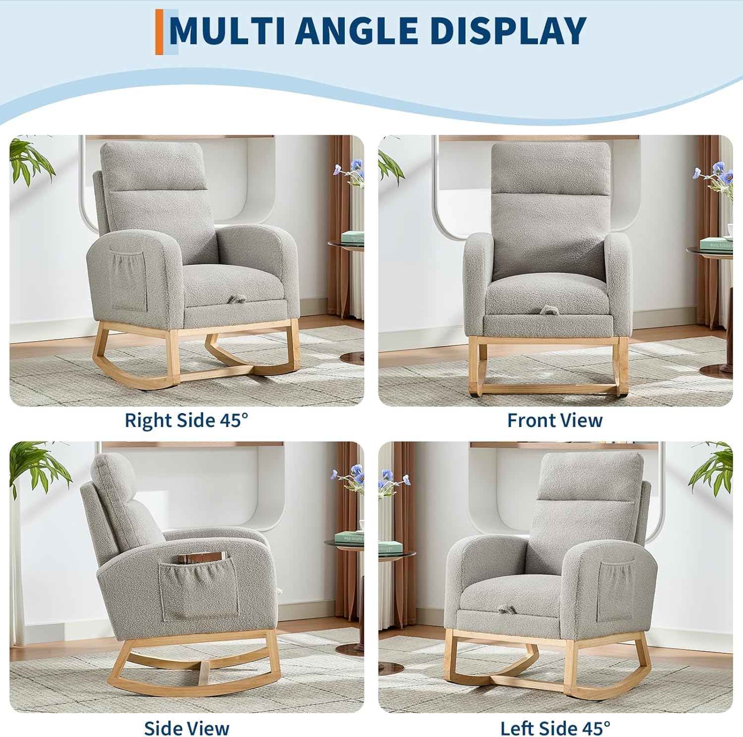 Rocking Chair Nursery Chairs with Foot Rest, Recliner Armchair with High Backrest& Wood Legs and Side Pocket for Living Room,Bedroom,Light Gray