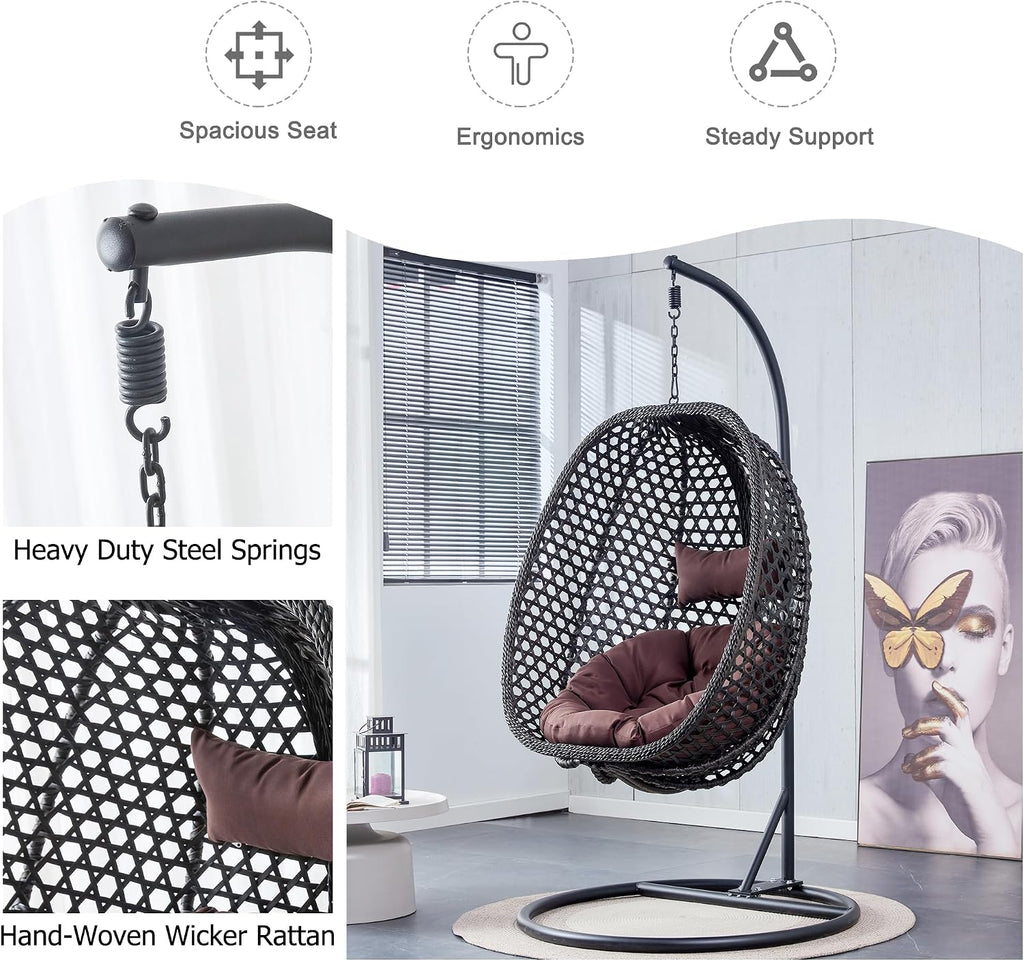 Egg Swing Chair Outdoor Indoor, Hanging Egg Chair with Stand, Black Wicker Swing Chair,UV Resistant Cushion 300 LBS Capacity for Porch,Patio,Garden, Bedroom, Balcony,Yard