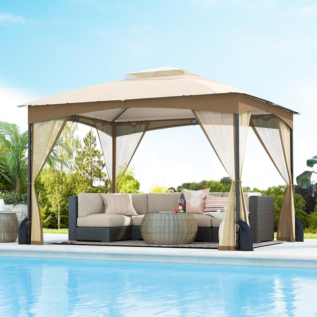 Tangkula 10x12 FT Outdoor Gazebo with Netting, Double Roof Patio Shelter with 4 Sandbags, Zippered Doors, Heavy-Duty Metal Frame, Metal Patio Gazebo for Yard Garden Lawn (Khaki)