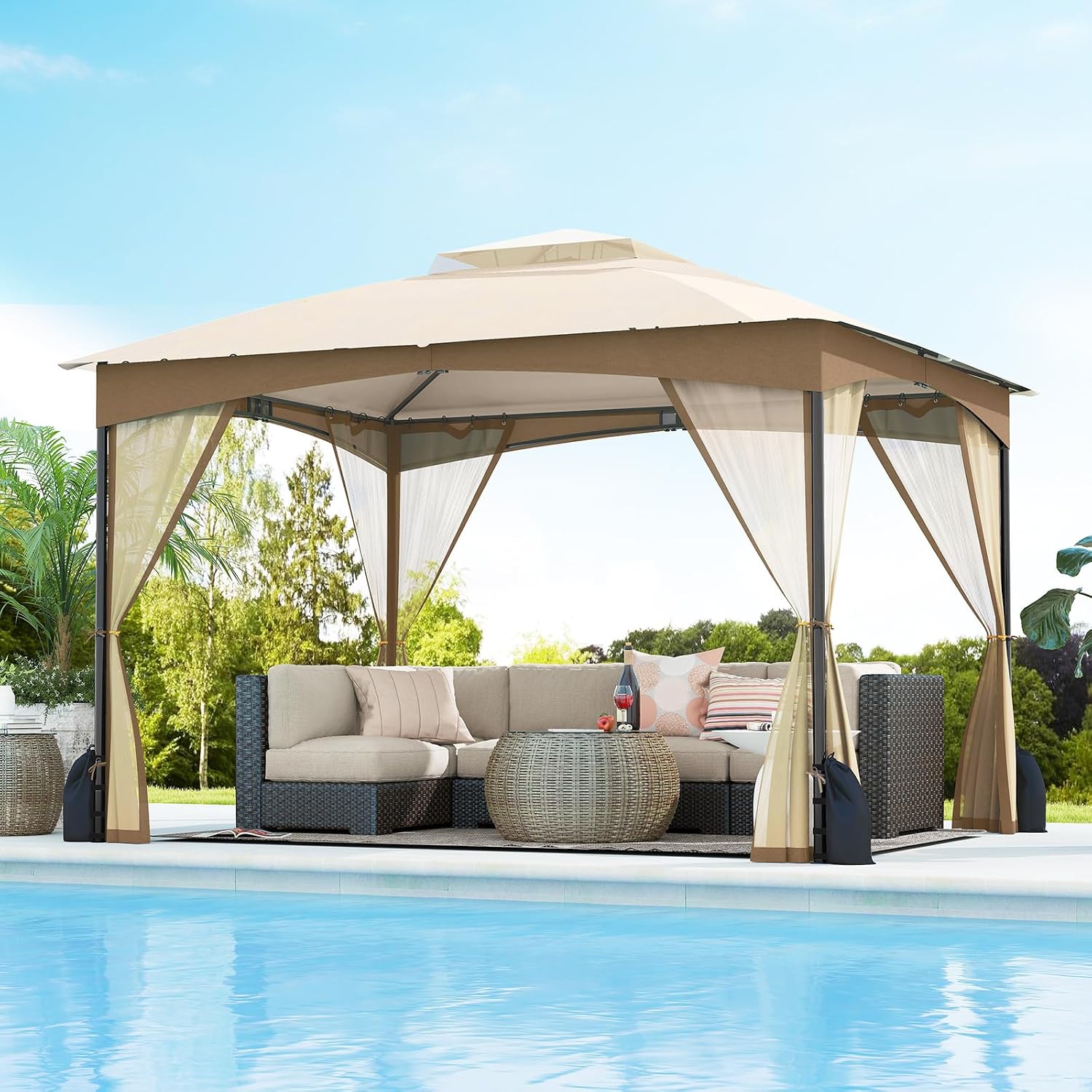 Tangkula 10x12 FT Outdoor Gazebo with Netting, Double Roof Patio Shelter with 4 Sandbags, Zippered Doors, Heavy-Duty Metal Frame, Metal Patio Gazebo for Yard Garden Lawn (Khaki)