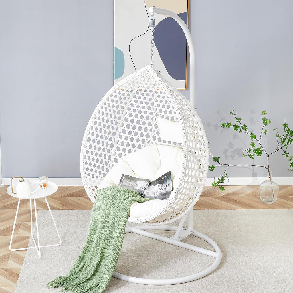 Hanging Egg Chair with Stand & Cushions, Outdoor and Indoor Hammock Rattan Swing Chair 350 lbs Capacity with Aluminum Steel Frame for Patio, Balcony, Backyard and Living Spaces (White)