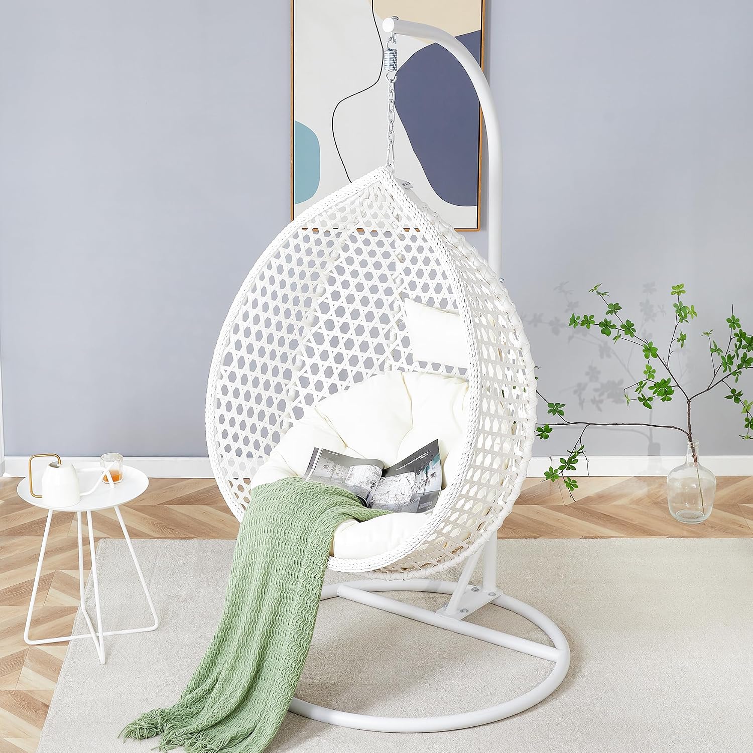 Hanging Egg Chair with Stand & Cushions, Outdoor and Indoor Hammock Rattan Swing Chair 350 lbs Capacity with Aluminum Steel Frame for Patio, Balcony, Backyard and Living Spaces (White)