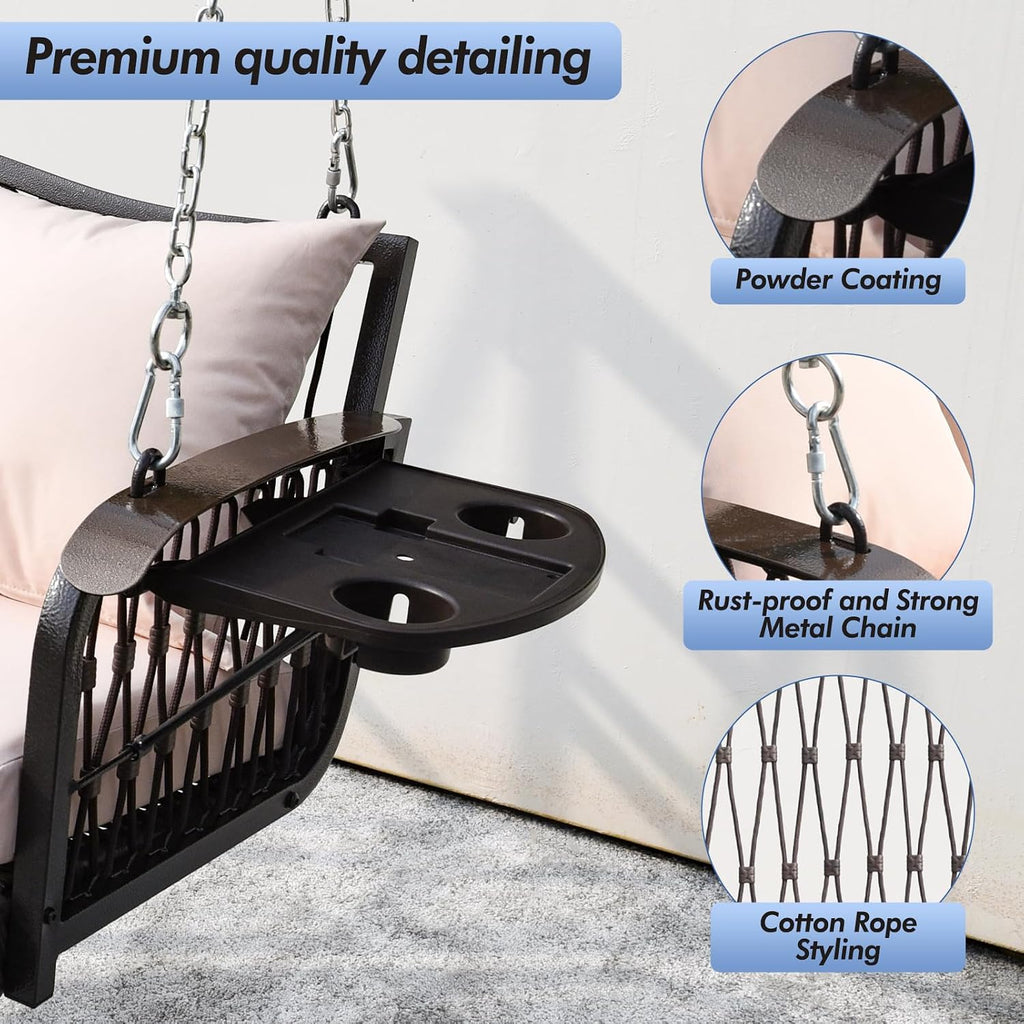 ZZW Wicker Porch Swing Heavy Duty 900 LBS 3-Seat Outdoor Patio Swing Chair with Cushions & 8.9ft Chains Outdoor Hanging Bench with Upgraded Cup Holders for Garden Deck Backyard