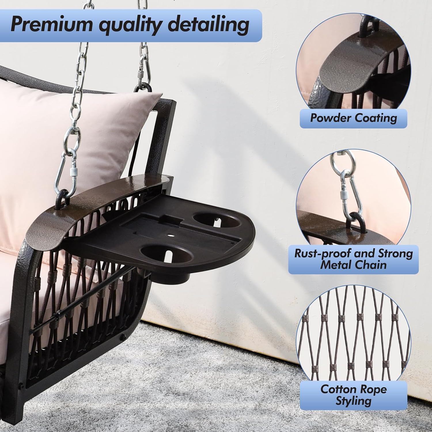 ZZW Wicker Porch Swing Heavy Duty 900 LBS 3-Seat Outdoor Patio Swing Chair with Cushions & 8.9ft Chains Outdoor Hanging Bench with Upgraded Cup Holders for Garden Deck Backyard