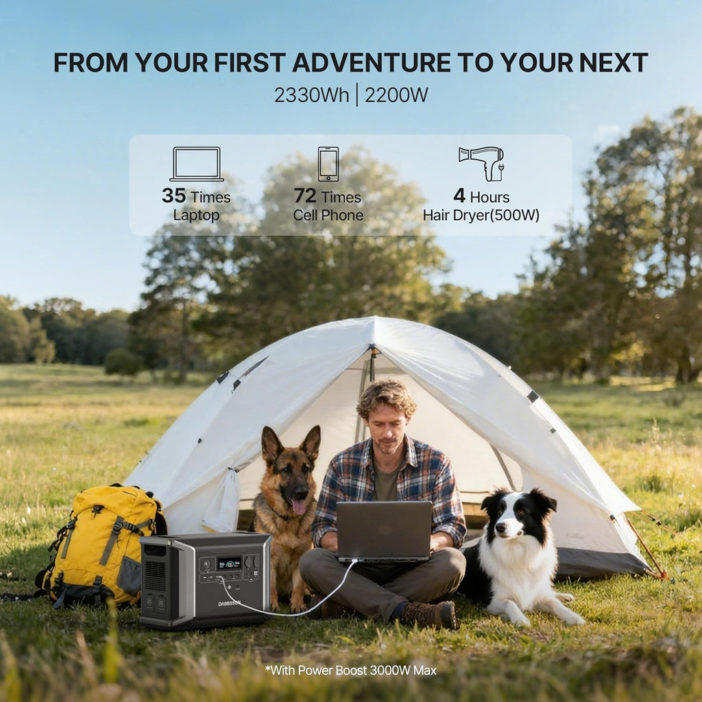 Dabbsson Portable Power Station DBS2300, 2330Wh EV Semi-solid State LiFePO4 Home Battery Backup, Max 8330Wh, 5×2200W AC Outlets, Solar Generator for Camping, Home Backup, Emergency, RV