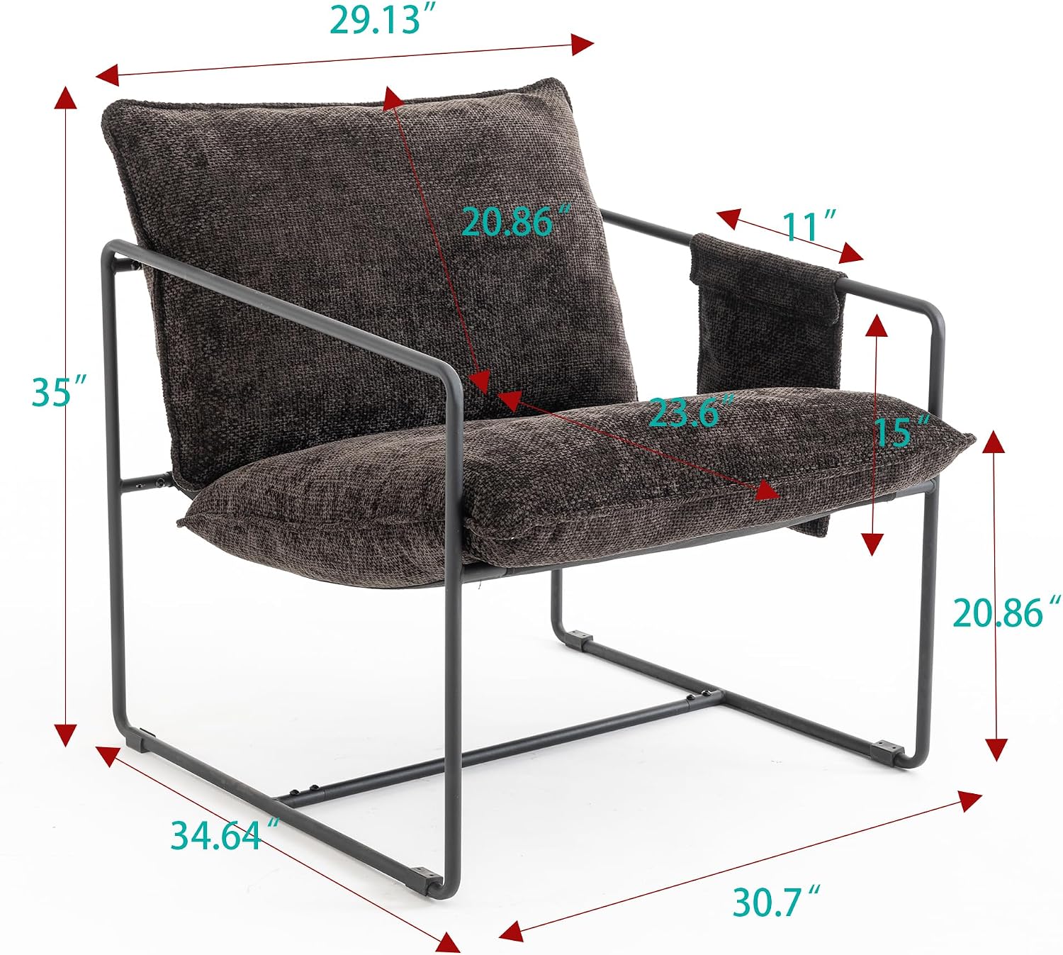 Comfy Sling Accent Chair Set of 2 Upholstered Hanging Armchairs with Pockets Metal Frame Skin-Friendly Fabric Reading Chair for Living Room Bedroom (Dark Grey Cushion & Black Metal Frame)