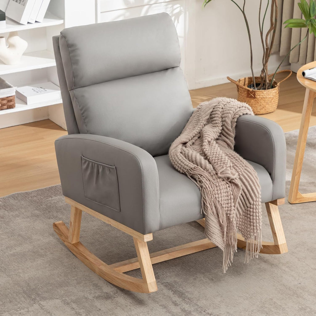 Rocking Chair Nursery, Uplostered Leather Rocker Nursing Chairs with Wood Legs and Side Pocket, Comfortable Glider Roking Chair for Nursery, Living Room, Bedroom,Teddy, Leather Grey