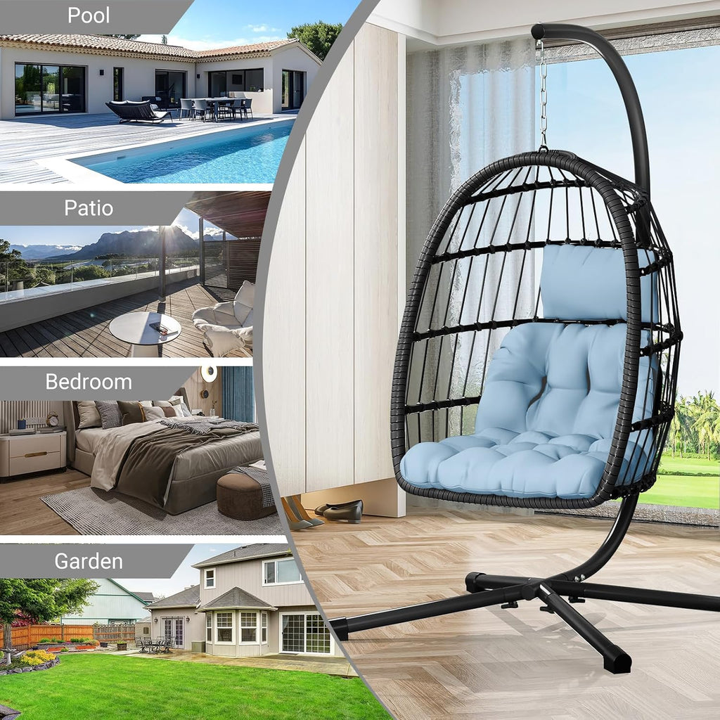CHABATREE Egg Chair with Stand,Patio Rattan Wicker Hanging Swing Egg Chair Hammock Chair for Bedroom Porch Garden,Thickened Aluminum Alloy Steel Frame and UV Resistant Cushion,350LBS Capacity