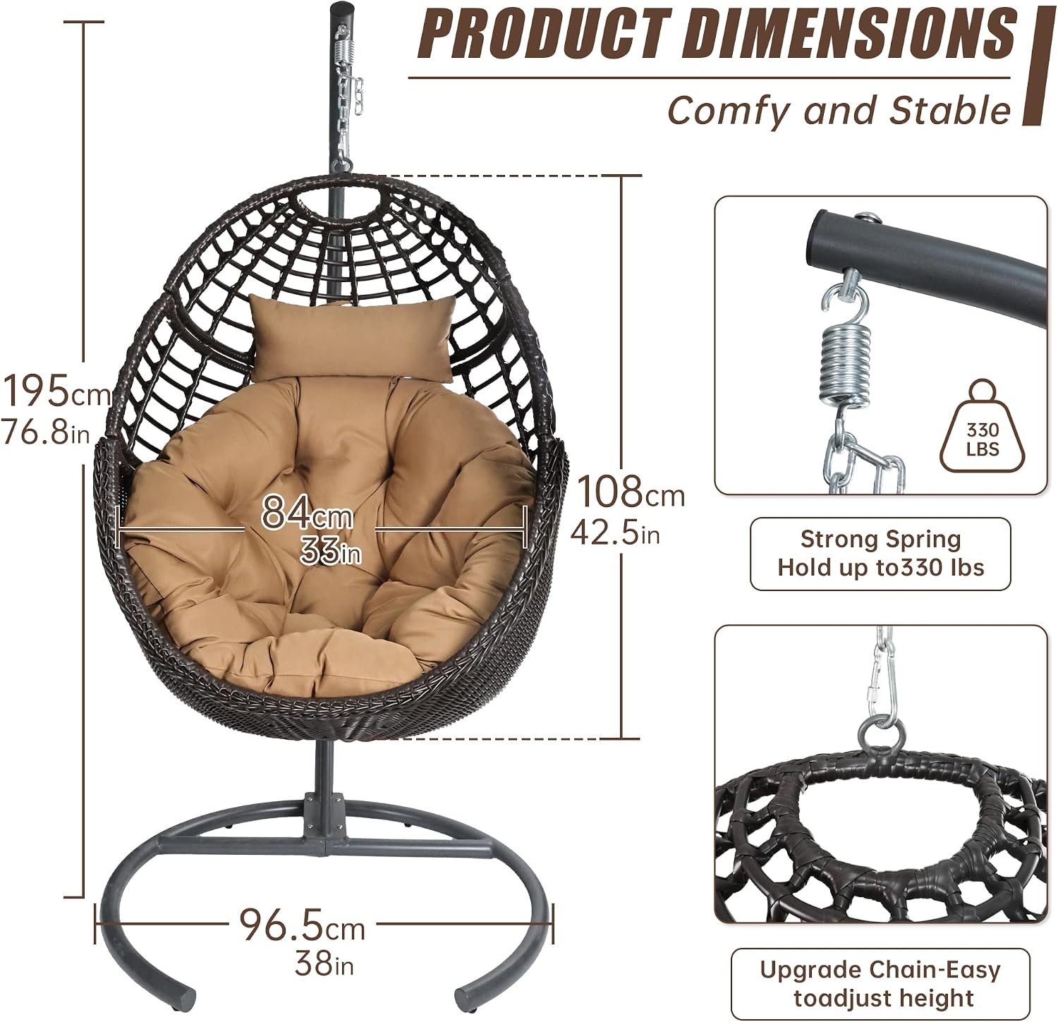 Hanging Egg Chair Hammock with Stand Wicker Rattan for Indoor Outdoor Patio Bedroom Swing with Steel Frame and Soft Cushion