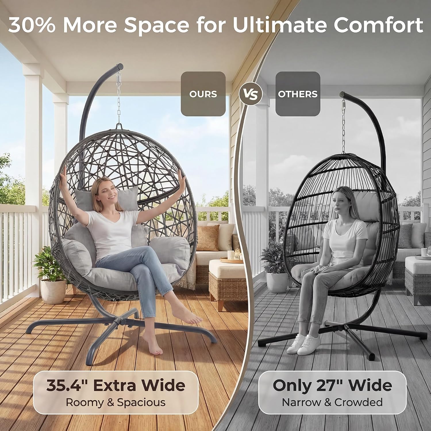 RADIATA Hanging Egg Chair with Stand, Outdoor Egg Swing Chair with Cozy Cushion, 350lbs Rattan Bird Nest Eggshell Basket Seat, Patio Swinging Chair for Indoor Balcony Porch, Grey