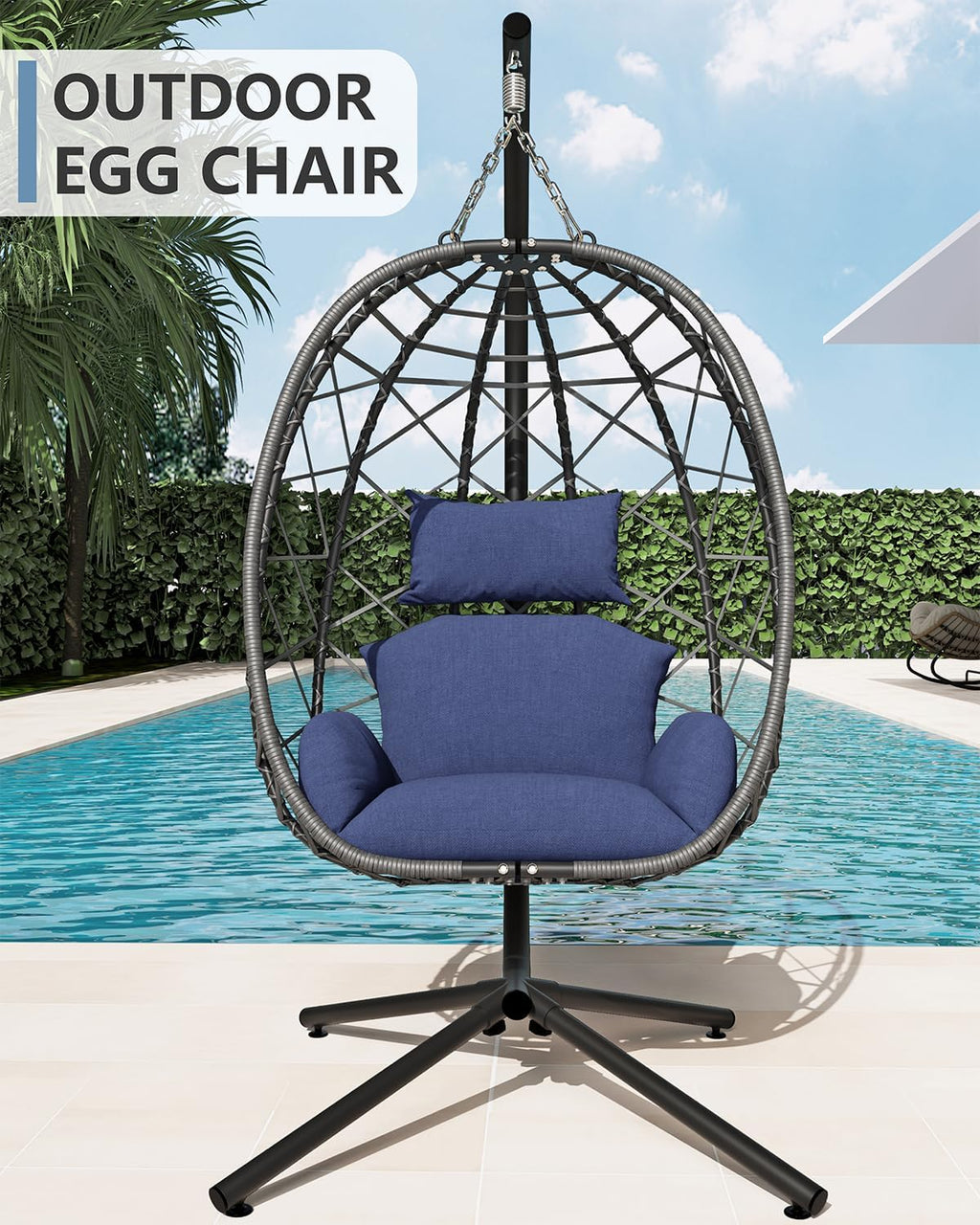 SWITTE Hanging Egg Chair with Stand, Outdoor Indoor Rattan Wicker Egg Swing Chair with Cushion, Heavy Duty Patio Hammock Chairs for Garden Backyard Balcony Bedroom, 400LBS Capacity, Dark Blue