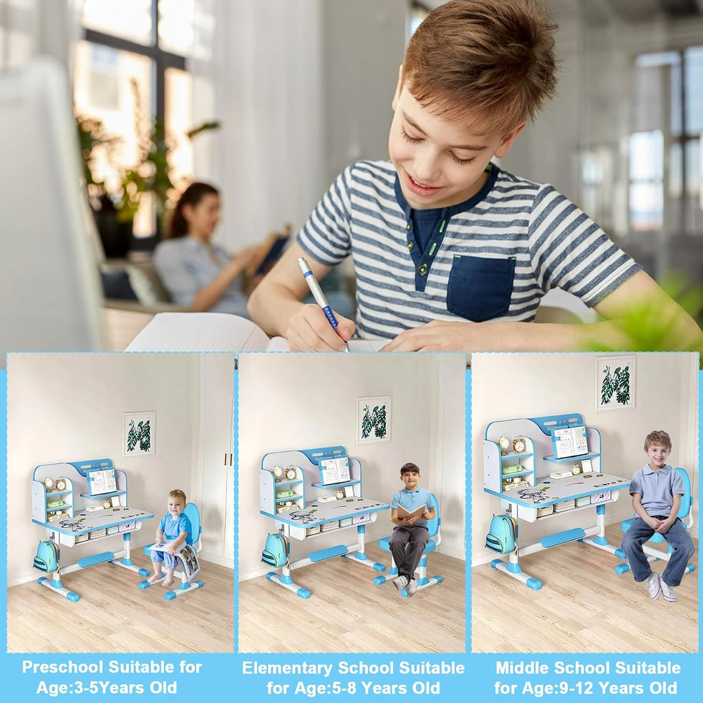 Kids Study Table and Chair Set, Height Adjustable Kids Study Desk with Cartoon Pattern, Widened Tabletop, Back Support & Spine Protect, Prevent Myopia, for Boys & Girls 3+ (blue2)