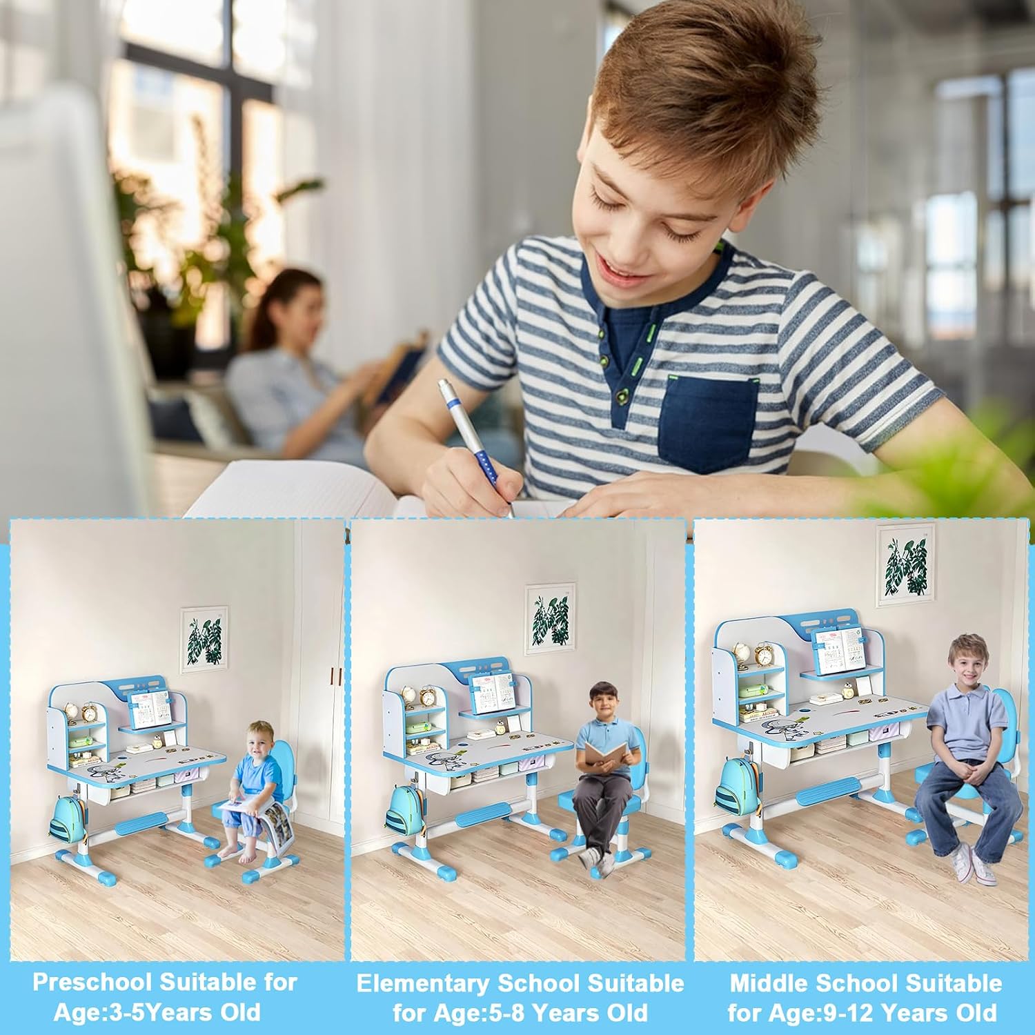 Kids Study Table and Chair Set, Height Adjustable Kids Study Desk with Cartoon Pattern, Widened Tabletop, Back Support & Spine Protect, Prevent Myopia, for Boys & Girls 3+ (blue2)