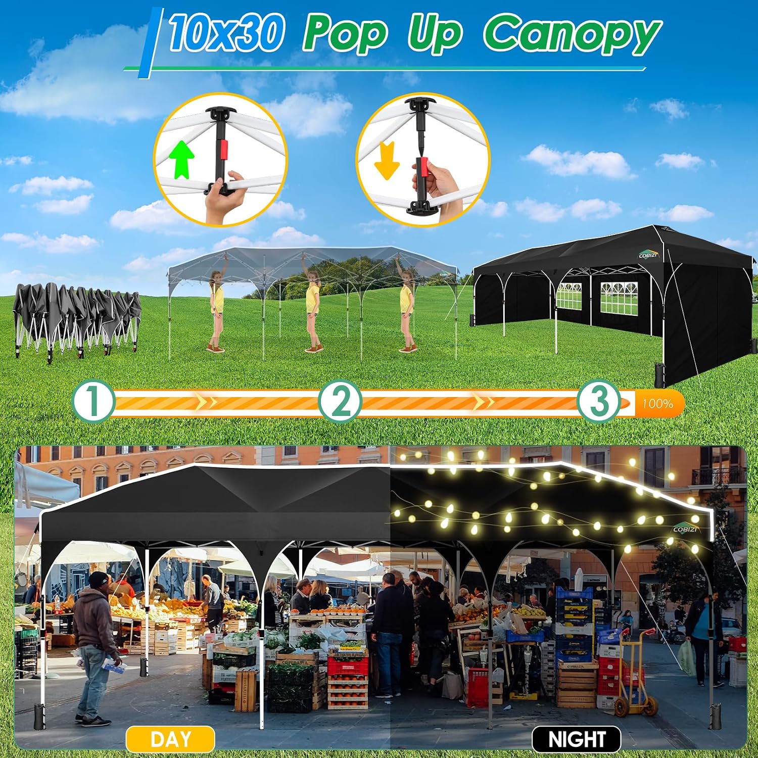 COBIZI 10x30 Pop Up Canopy Tent for Parties with 5 Sidewalls| Push Center Lock & Air Vent| Waterproof & UPF50+ |Gazebo Outdoor Tent for Party,Wedding,BBQ with 4 Sandbags, 8 Stakes & 16 Ropes,Black