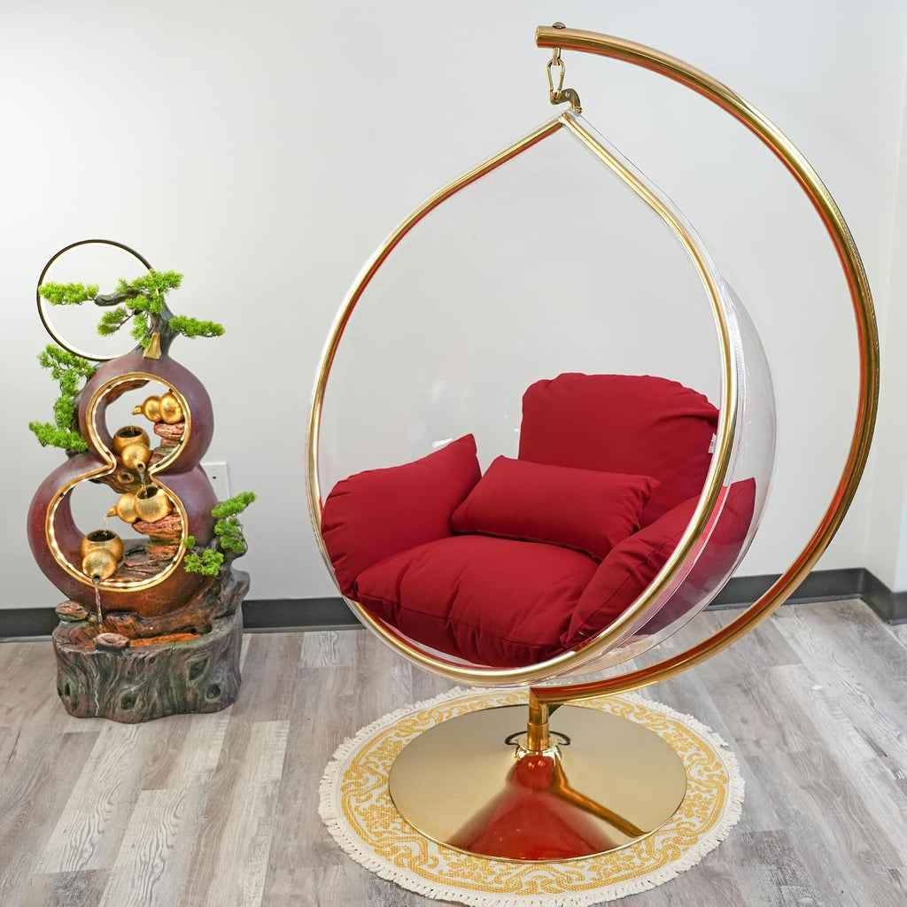 Hanging Chair - Transparent Acrylic Bubble, Waterdrop Shape, Indoor Swing Chair with Gold/Chrome Stand, Durable Fabric Cushion - Luxury Accent for Living Room, Bedroom (Gold/Red)