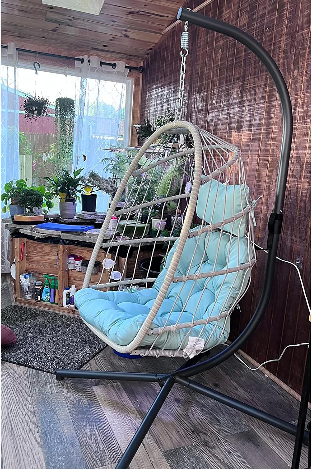 Yechen Egg Swing Chair with Stand, Patio Wicker Rattan Hanging Chair Swing Hammock Egg Chairs with UV Resistant Cushion for Indoor Bedroom Outdoor Garden Backyard, Light Blue (QH1912050036USBL)