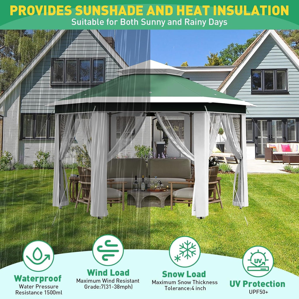 13x13 Ft 6-Sided Pop-Up Gazebo Canopy Tent with Removable Mesh Netting - Waterproof UV Protection Outdoor Instant Shelter for Patio, Backyard, Camping & Beach