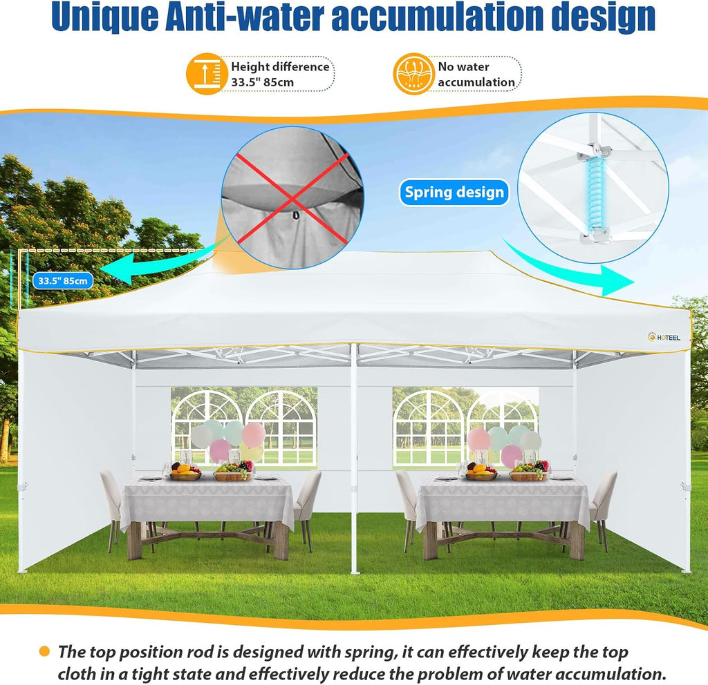 HOTEEL 10x20 Heavy Duty Pop Up Canopy Tent with 4 Sidewalls, Easy Setup Tent for Parties, Outdoor Commercial Instant Gazebo for Wedding Event, with Roller Bag & Sand Bags, White(Hexagonal Frame)