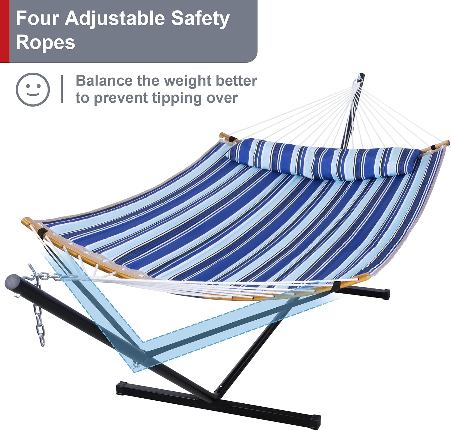 12 Ft Hammock with Stand for Outside, 2 Person Hammock Freestanding with Curved Spreader Bars, Pillow and Portable Bag, Heavy Duty 450 Lbs, Blue Stripes