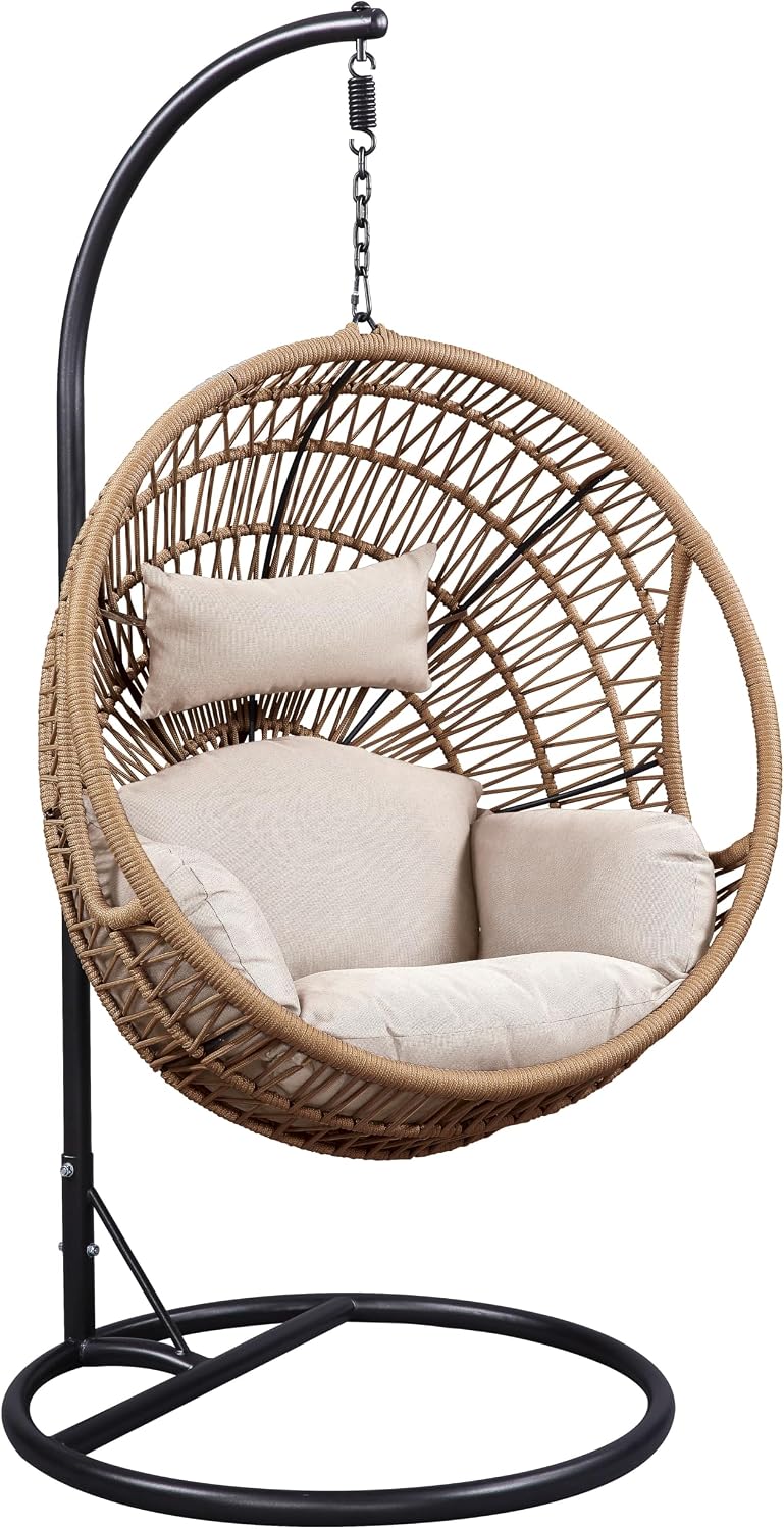 ACME Vasant Outdoor Patio Hanging Chair/Stand in Beige Fabric and Rope