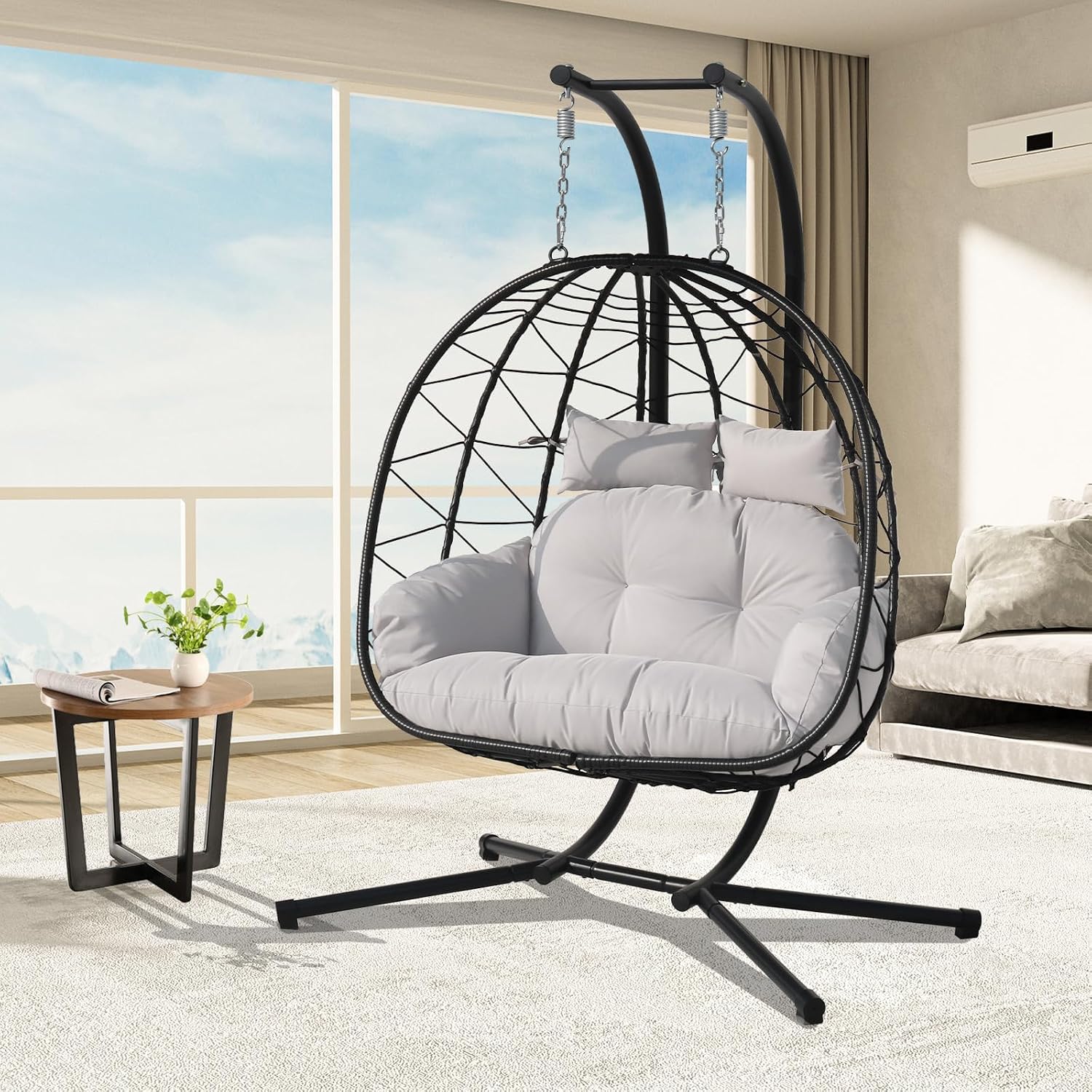 Double Egg Chair Outdoor, 2 Person Hanging Egg Chair with Stand, Patio Wicker Egg Swing Chair for Garden, Backyard, Balcony, 600Lbs Heavy Duty(BL-GR)