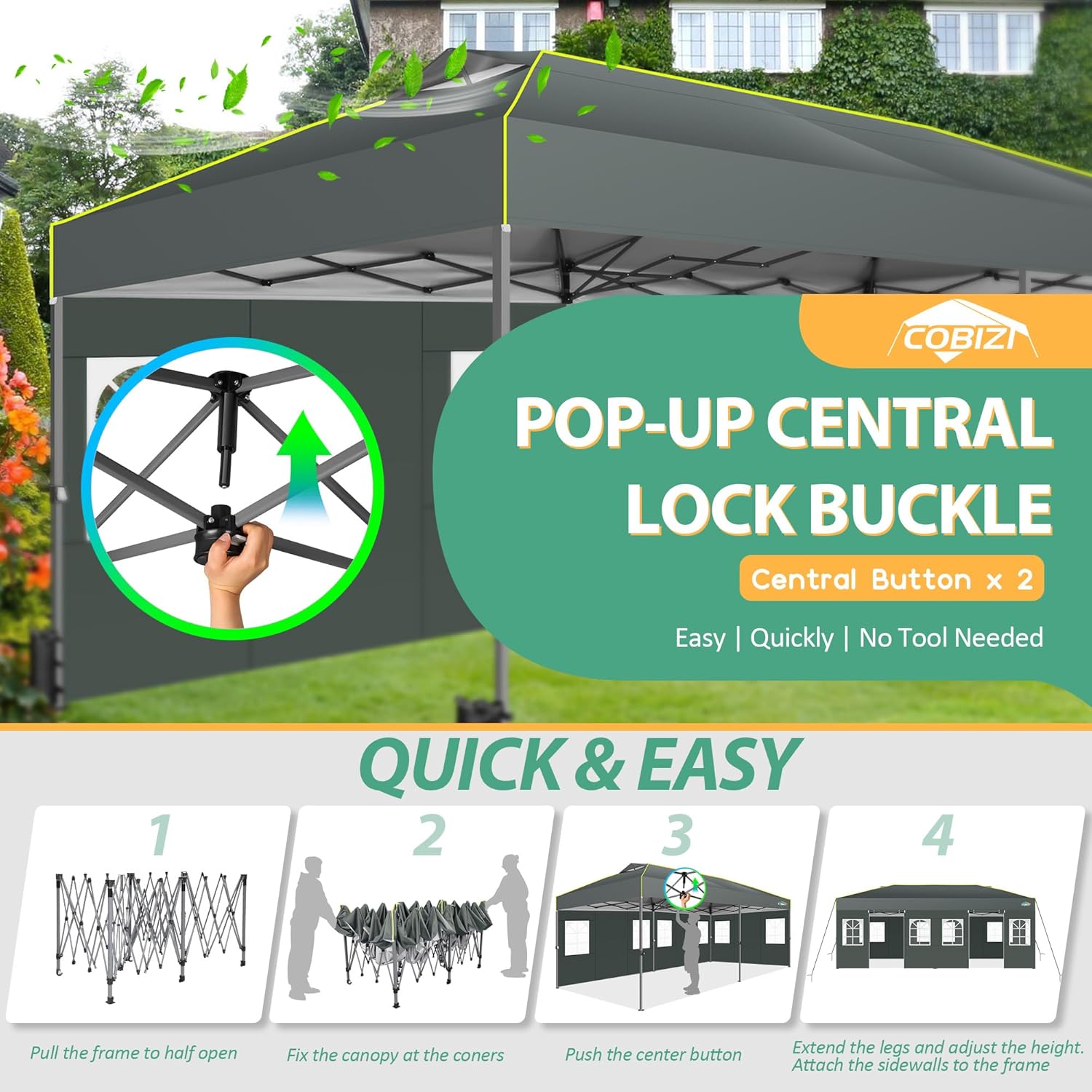 COBIZI 10x20 Pop Up Canopy with 6 Sidewalls One Push Setup Outdoor Event Shelter Waterproof UPF 50+ Gazebo Tent with Carry Bag,Air Vent,Sandbag for Commercial, Wedding, Party,Grey