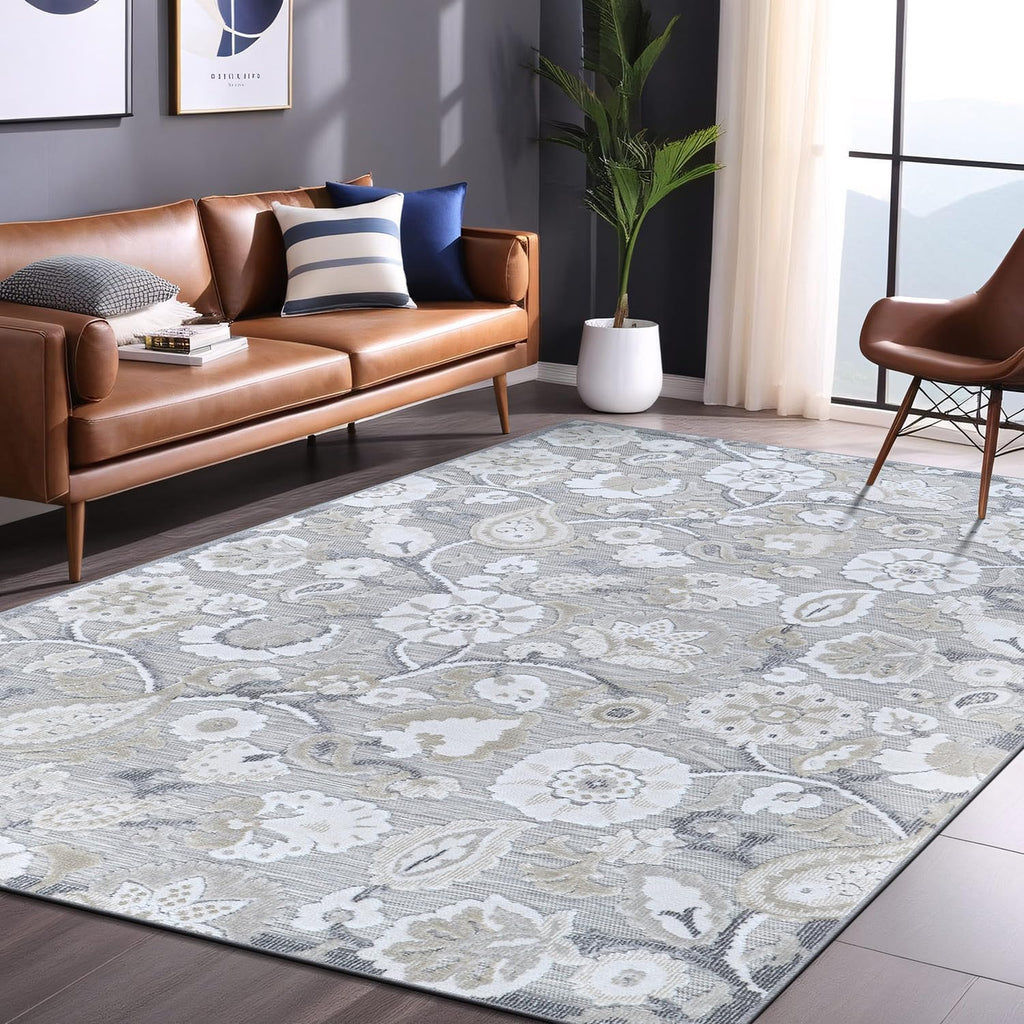 Luul Home Floral Indoor Outdoor Rugs 9x12 Large Area Rug for Living Room, Patio Decor, Kitchen, and Entryway Rug, Washable Stain Resistant Outside Carpet Beige 9 x 12