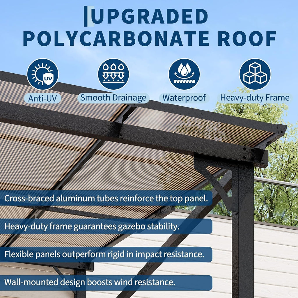 10'x 10'Wall Mounted Gazebo, Hardtop Lean-to Pergola with Polycarbonate Roof, Heavy Duty Outdoor Patio Awnings for Deck, Porch, Backyard, Garden, Weather Resistant, Brown