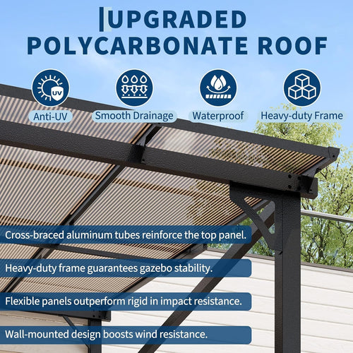 10'x 10'Wall Mounted Gazebo, Hardtop Lean-to Pergola with Polycarbonate Roof, Heavy Duty Outdoor Patio Awnings for Deck, Porch, Backyard, Garden, Weather Resistant, Brown
