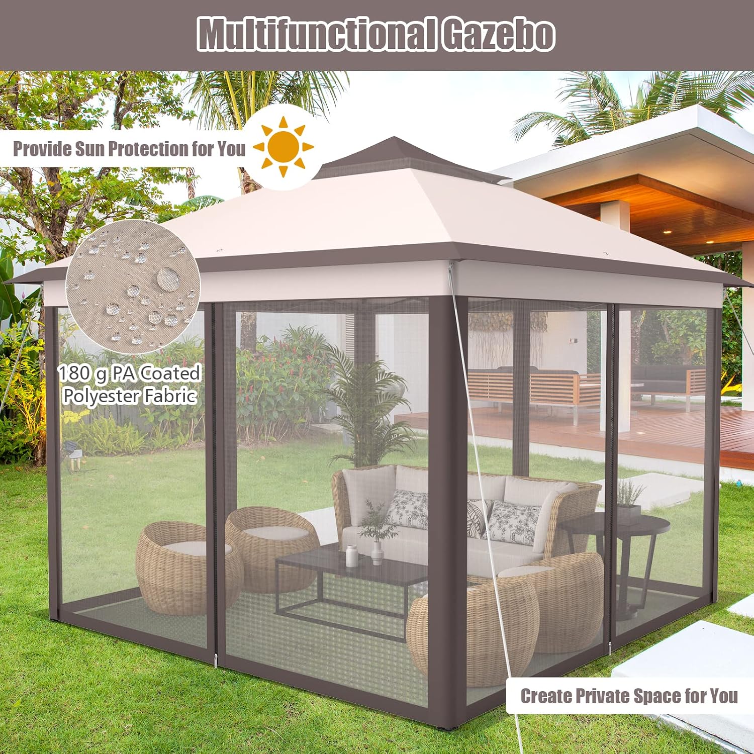 Tangkula 11x11 Ft Pop up Gazebo, 2-Tier Patio Gazebo with Netting, Carry Bag, Easy Set up Outdoor Gazebo with 121 Square Feet of Shade for Backyard, Deck, Poolside (Beige)