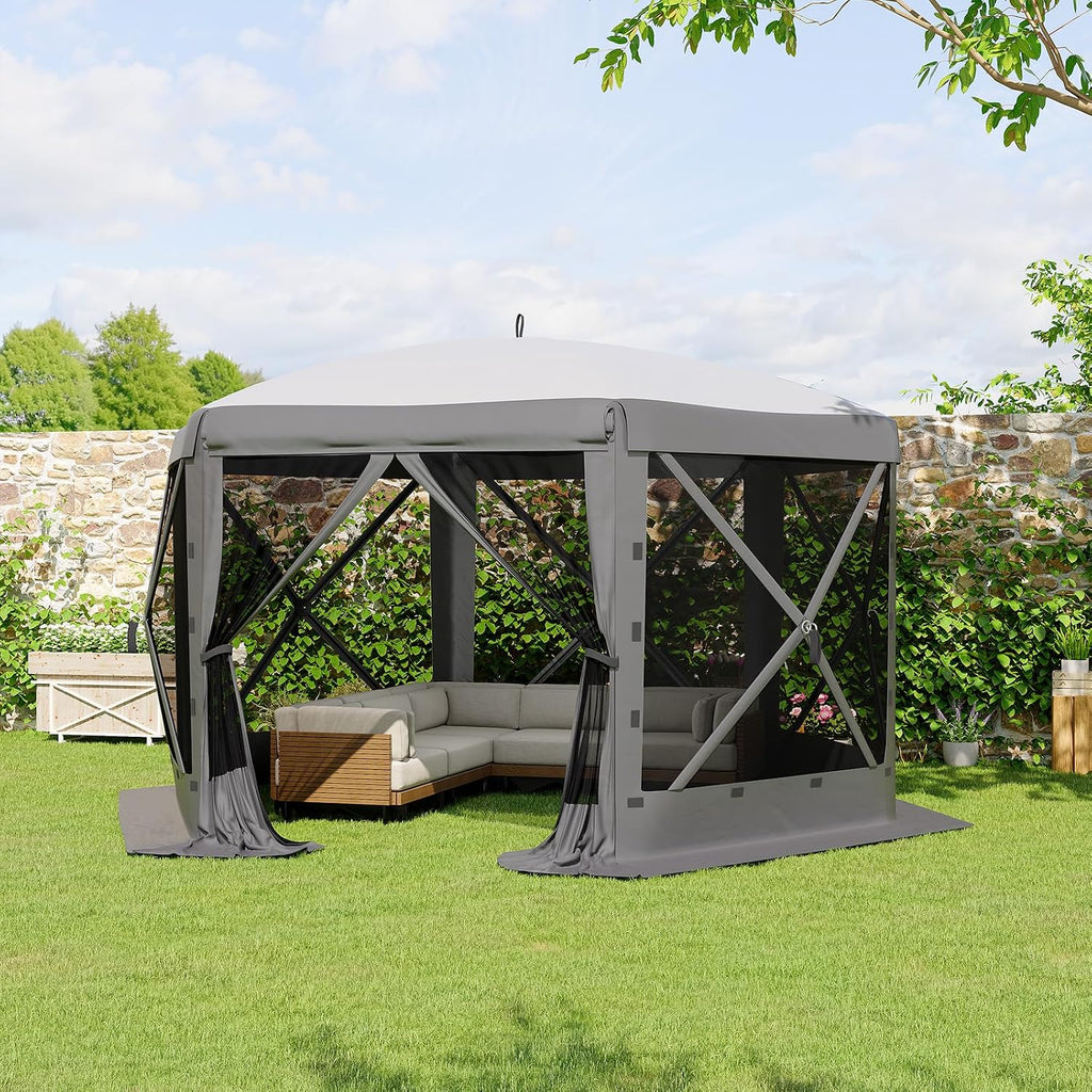 GarveeLife 11.5x11.5FT 6-Sided Pop Up Gazebo Tent，One-Push Setup Canopy Tent with Mesh Panels & Removable Wind Cloths, Outdoor shelter for Camping, Backyard Parties, Outdoor Events - Grey