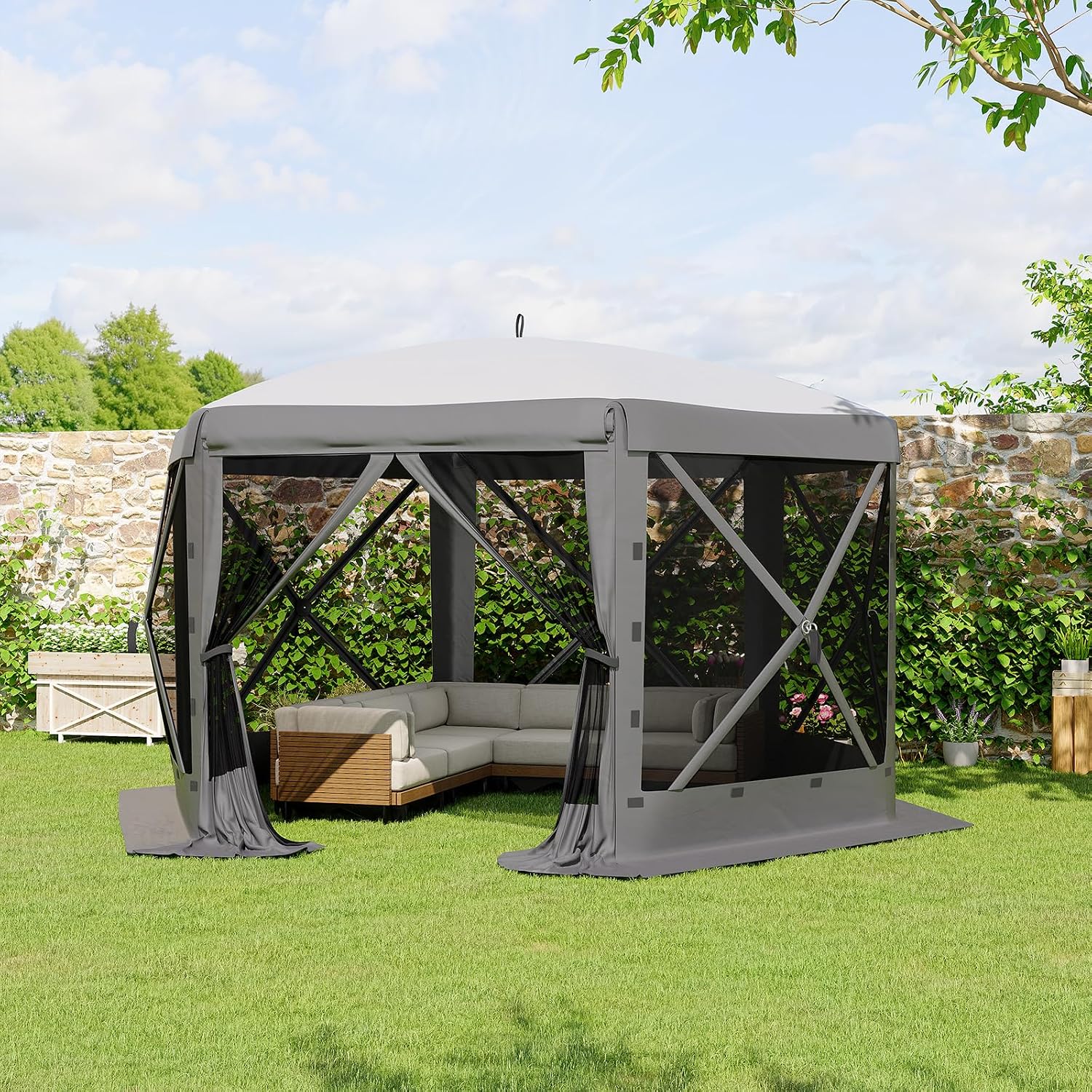 GarveeLife 11.5x11.5FT 6-Sided Pop Up Gazebo Tent，One-Push Setup Canopy Tent with Mesh Panels & Removable Wind Cloths, Outdoor shelter for Camping, Backyard Parties, Outdoor Events - Grey