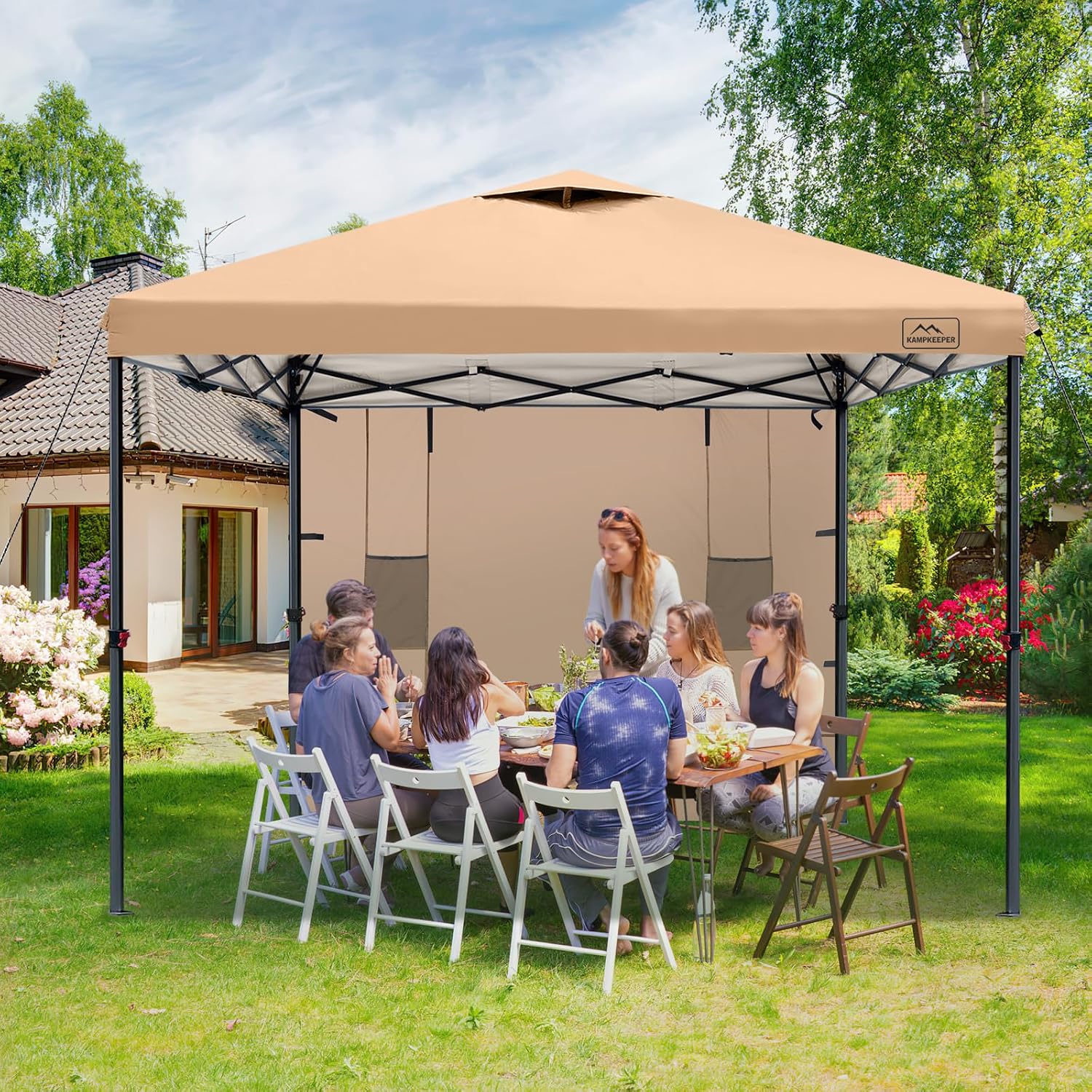 KAMPKEEPER 10x10 Easy Pop Up Canopy Tent with Sidewalls, Instant Outdoor Shade Shelter with Removable 10FT Sun Walls, Quick Setup Waterproof and UV-Resistant for Patio (Khaki, 10x10FT with 1 sidewall)