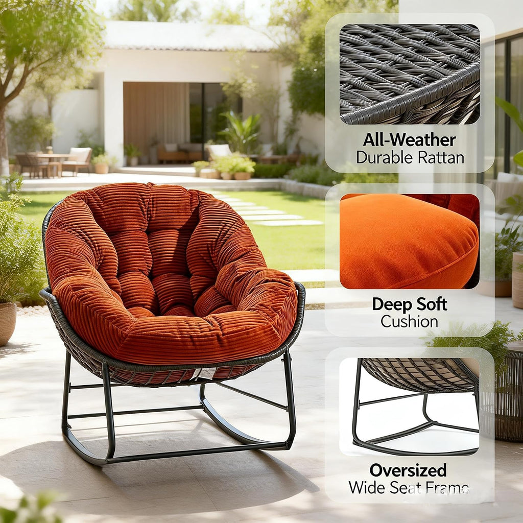 Oversized Outdoor Papasan Rocking Chair with Soft Cushion, Comfy Patio Egg Chair, Wicker Lounge Rocker for Balcony/Porch/Garden, Reinforced All Weather Rattan Frame, 330 lbs Support, Burnt Orange