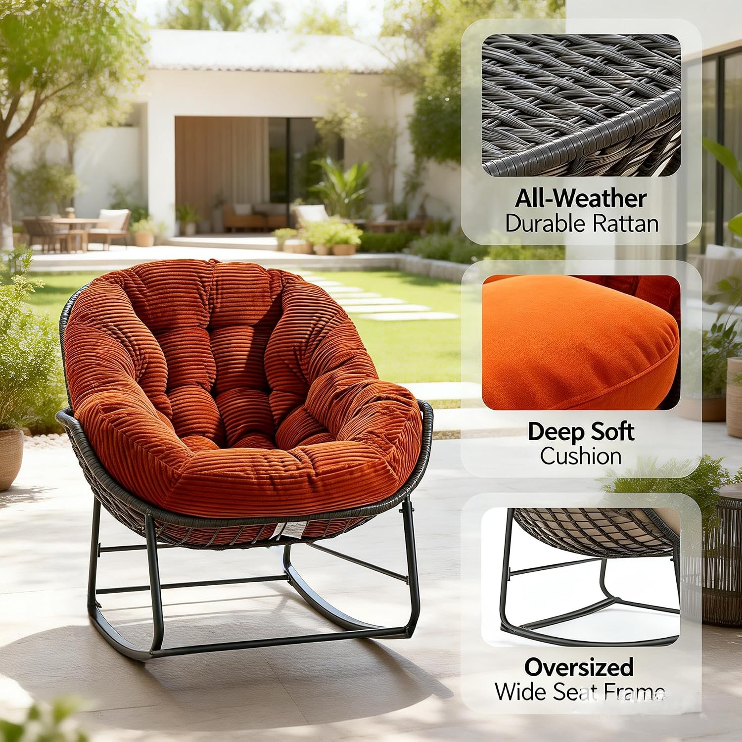 Oversized Outdoor Papasan Rocking Chair with Soft Cushion, Comfy Patio Egg Chair, Wicker Lounge Rocker for Balcony/Porch/Garden, Reinforced All Weather Rattan Frame, 330 lbs Support, Burnt Orange