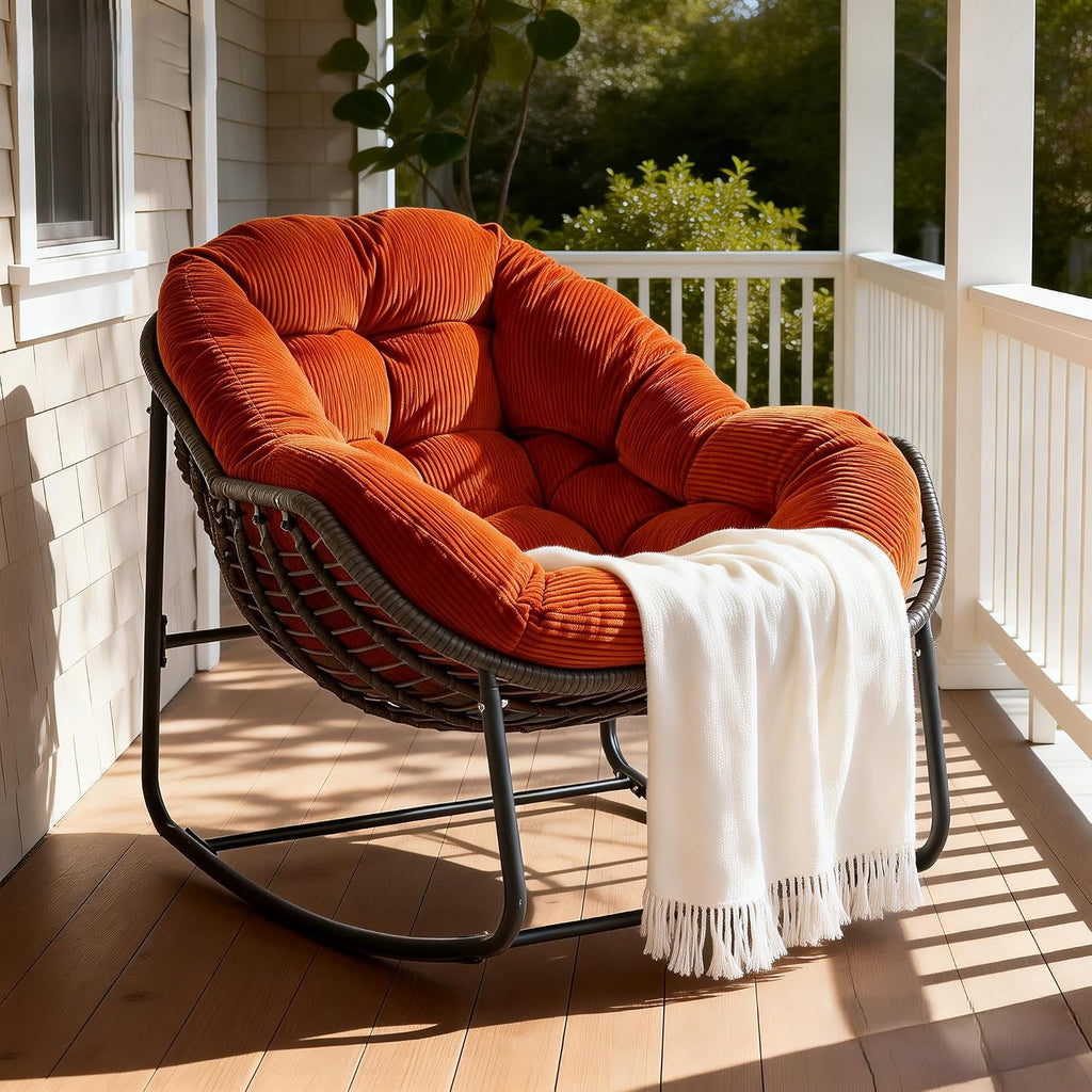 YDcosyfy Oversized Outdoor Papasan Rocking Chair Set of 2 with Soft Cushion, Comfy Patio Egg Chair, Wicker Lounge Rocker for Balcony/Porch/Garden, Reinforced All Weather Rattan Frame, Burnt Orange