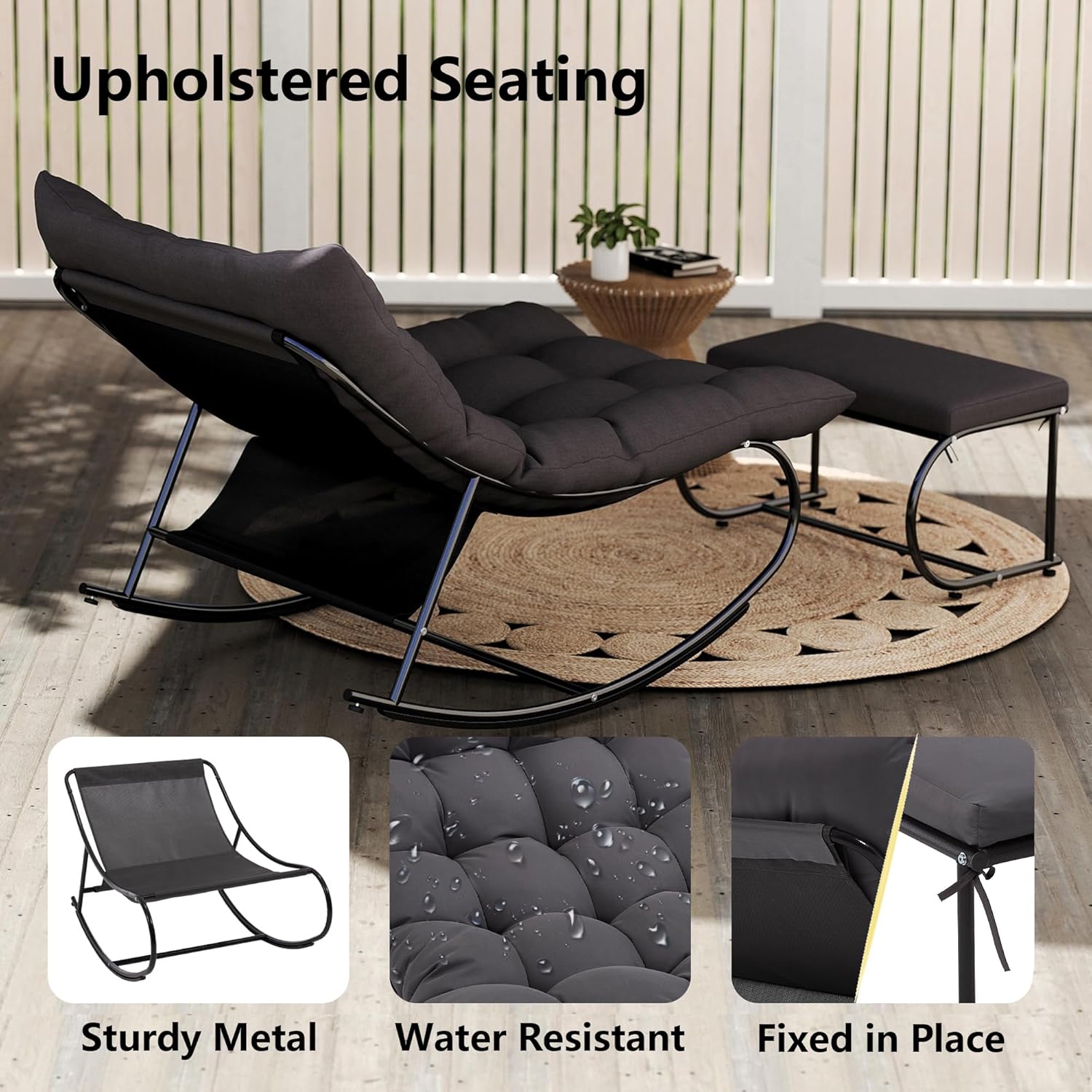 Upholstered Outdoor Rocking Chairs, Modern Patio Rocking Chair Set of 2 with Foot Rest, Sturdy Metal Papasan Rocking Chair, Cozy Rockings Recliner Chair for Bedroom/Living Room/Lawn, Gray