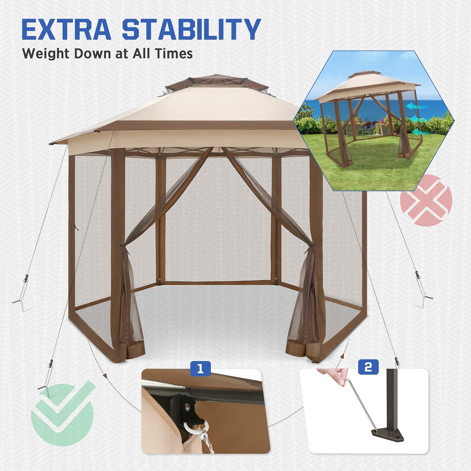 EAGLE PEAK 6-Sided Outdoor Camping Pop Up Gazebo w/Screen Netting, 13x13 Double-Tier Hexagonal Outdoor Canopy Tent for Patio, Garden, Party, Backyard, Beige